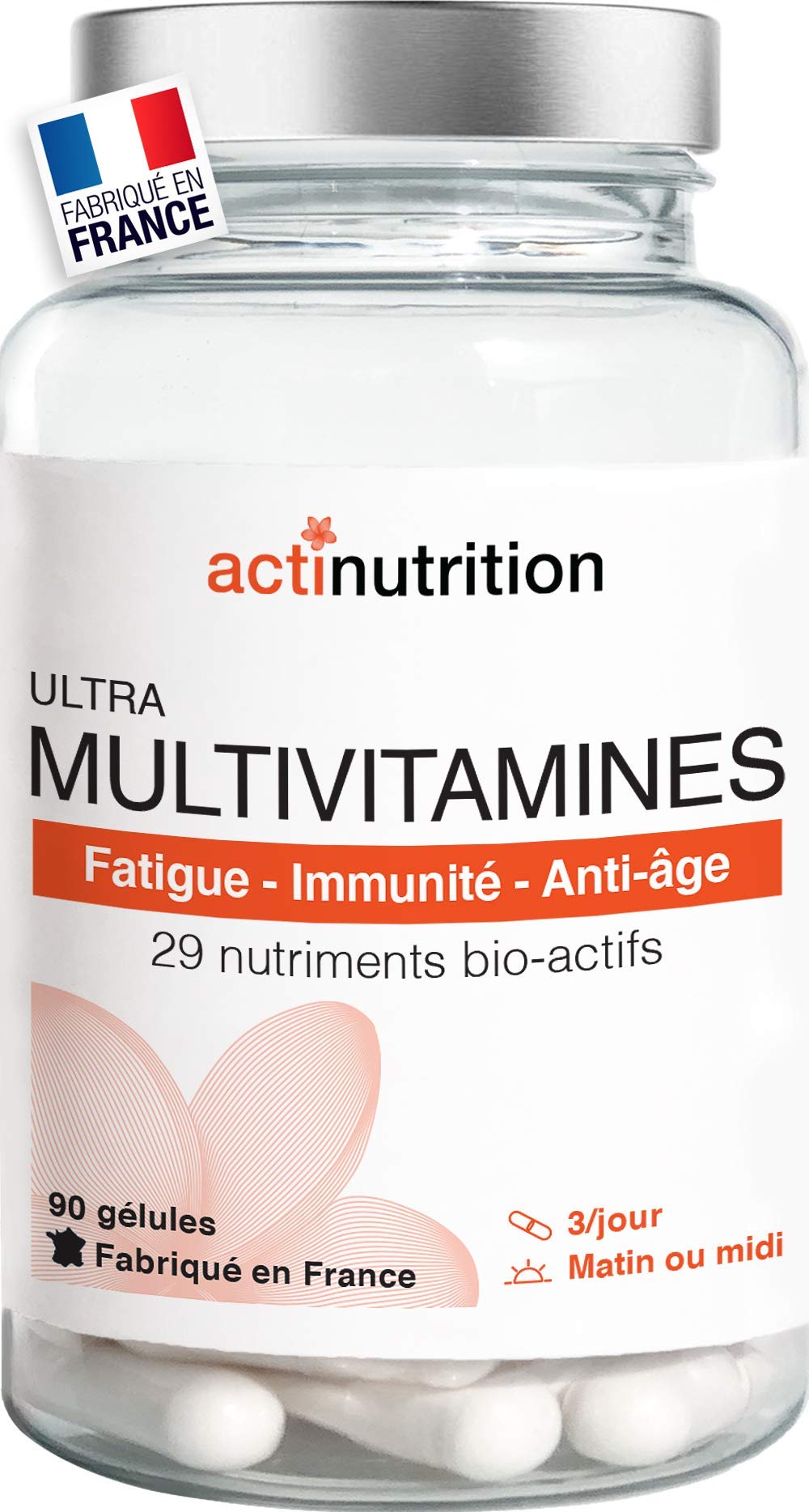 ULTRA Multivitamines | 29 Nutriments Bio-Actifs | Complexe B - B1, B2, B3, B5, B6, B7, B8 (Biotine), B9 (Acide Folique), B12 | Vitamines C & D | Vitalité & Immunité | 90 Gélules | Fabriqué en France