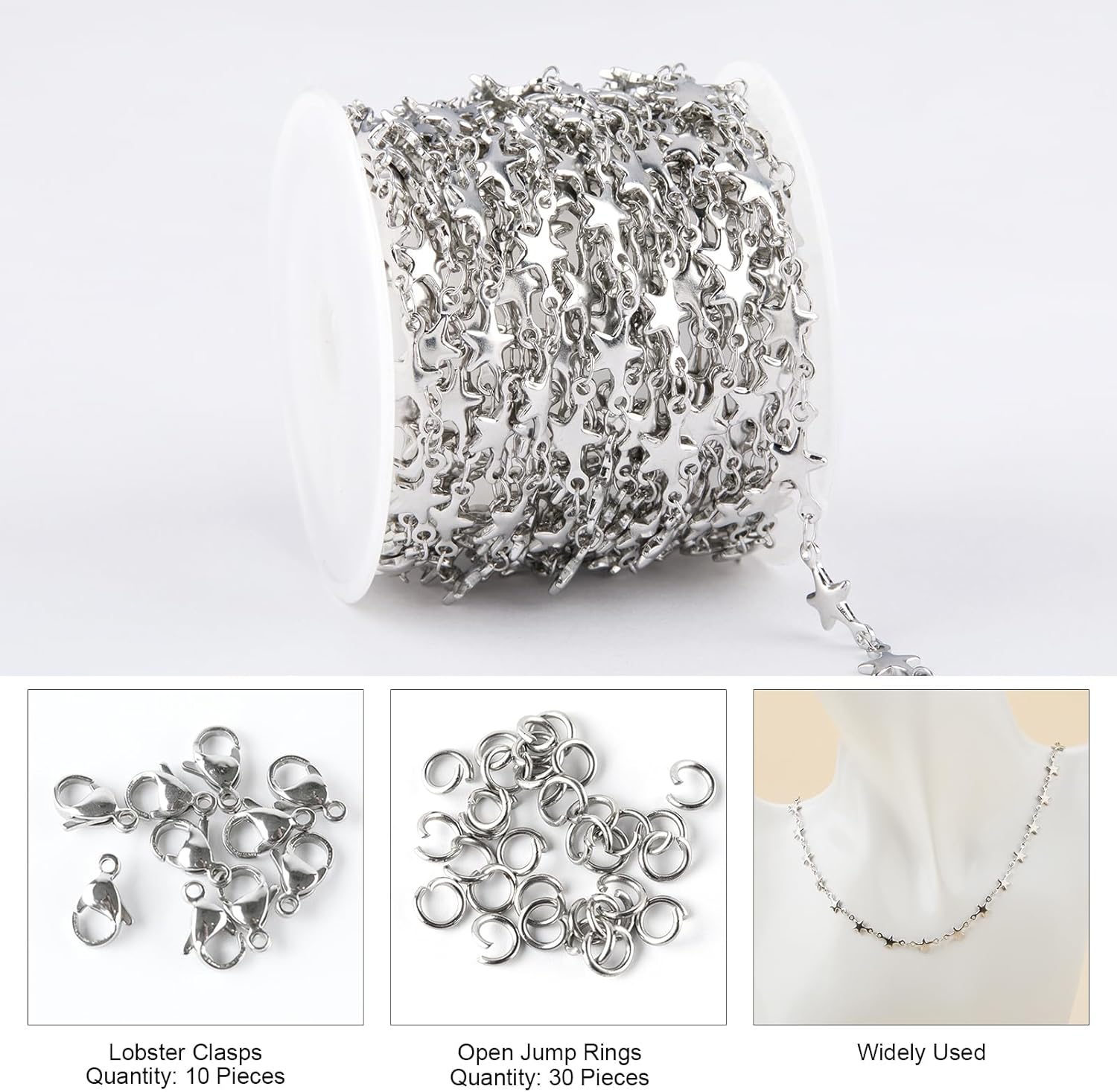 Kyutong 16.4 Feet Star Chains for Jewelry Making Silver Stainless Steel Chain Bulk with Jump Rings Lobster Clasps for Necklace Bracelet Crafts DIY - Image 3
