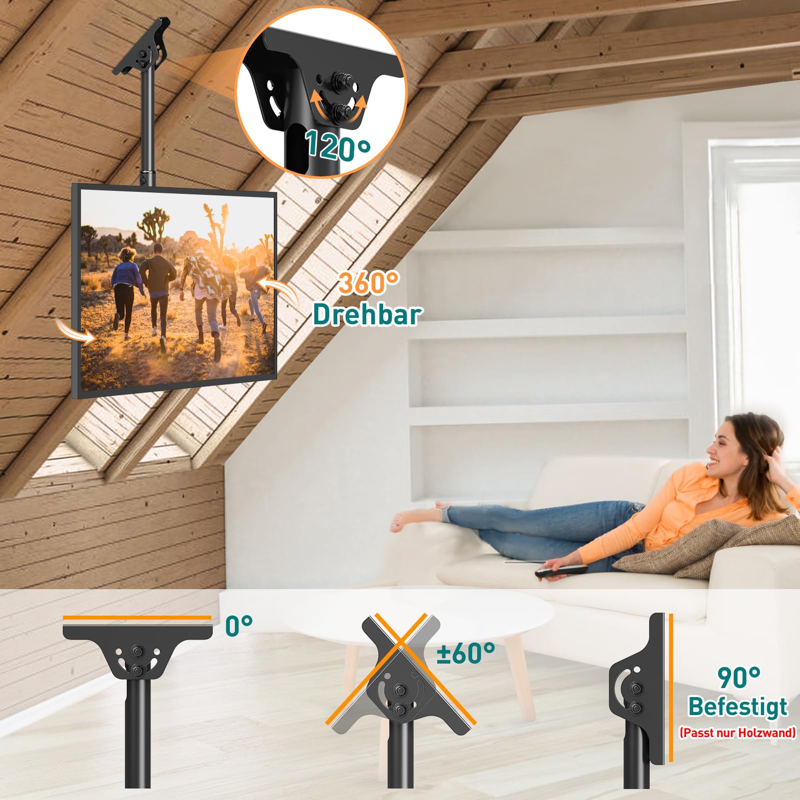 ELIVED TV Deckenhalterung für die meisten 26-65 Zoll Flach & Curved Fernseher bis zu 45KG, max. VESA 400x400mm, Höhenverstellbare TV Halterung für Flachdach oder Schrägdach, EV3015