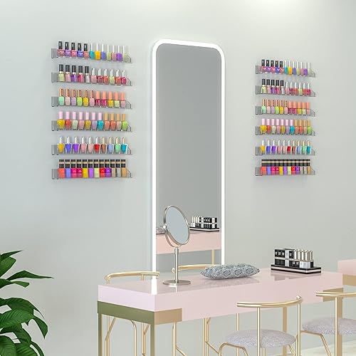Miniatura 5 de 15 Inch Acrylic Nail Polish Rack for Wall Set of 6, Wall Mounted Nail Polish Display Rack with End Caps, Nail Oranizer and Storage for Nail Tech,