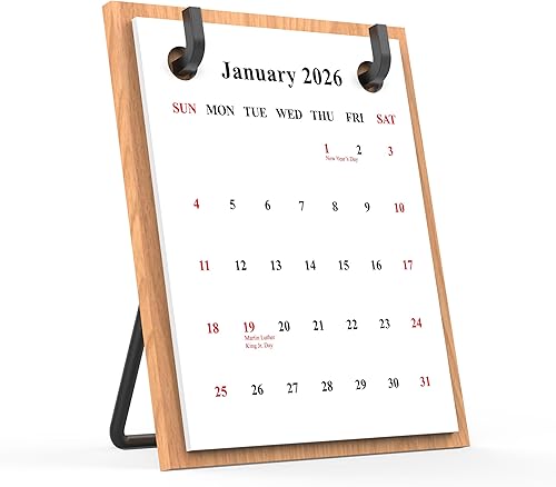 Calendario de escritorio decorativo retro 2025 2026 con soporte de madera de haya, cartulina gruesa, tarjetas reemplazables, perfecto para oficina,