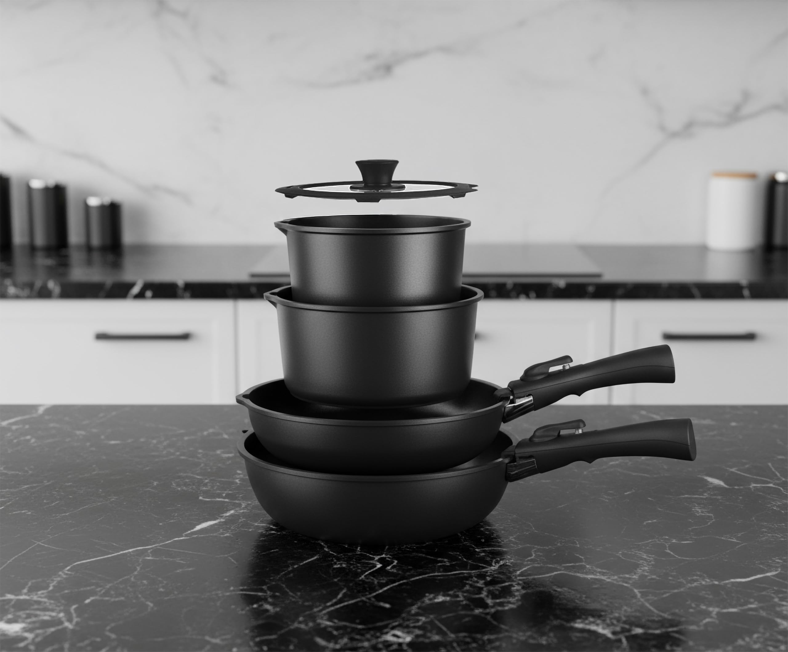 IBILI - Set batteria 9 pezzi Kompakto, padella 20-26 cm, padella profonda 26 cm, pentola 18-20 cm, coperchio 20-26 cm, 2 manici rimovibili, senza PFAS, alluminio pressofuso, impilabile, facile da