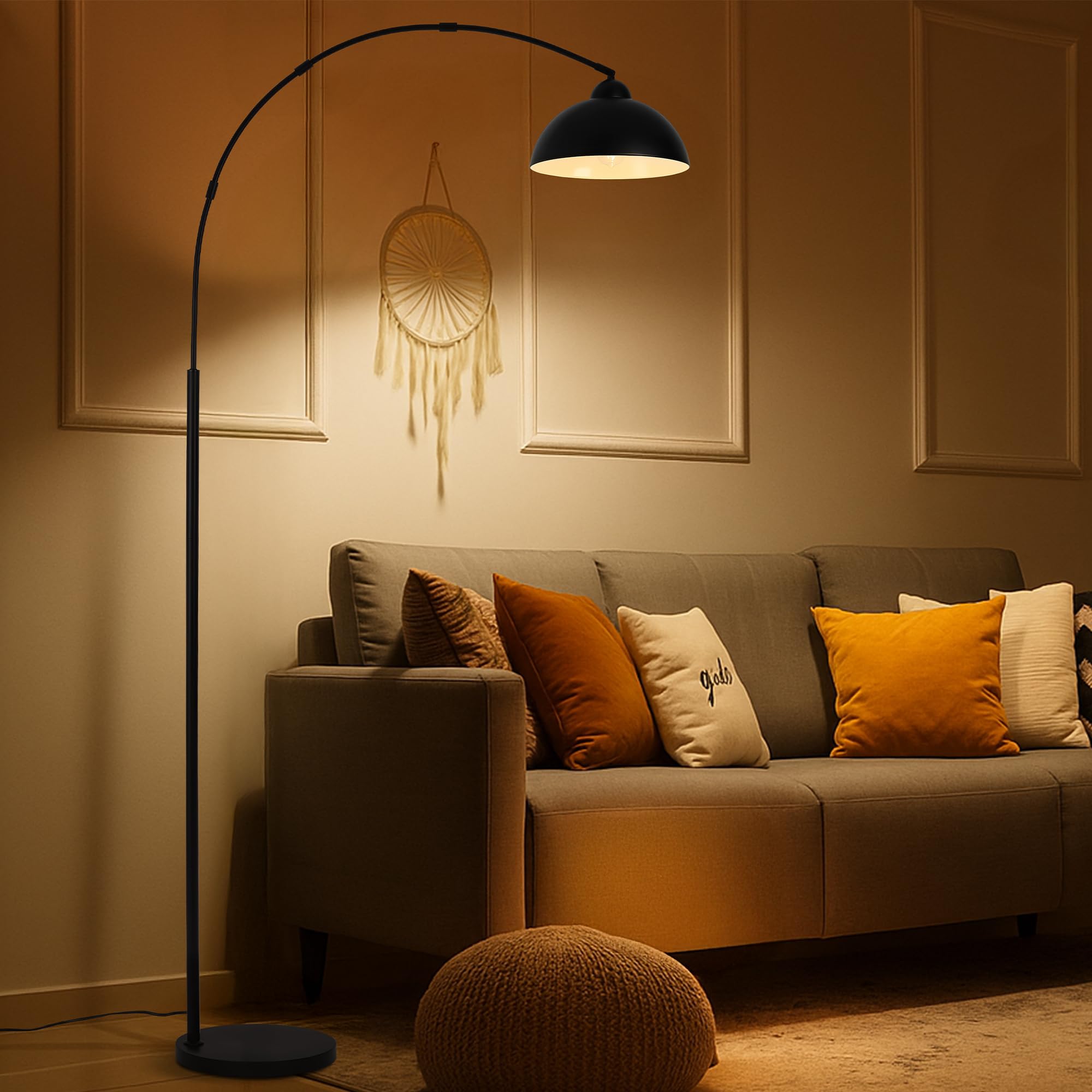 Lampada da Terra ad Arco 204cm Moderna Nera, Lampada da Terra per Salotto e Soggiorno con Montaggio Facile in 5 Minuti, Base 30cm 5kg Antiribaltamento, per Camera da Letto (Senza Lampadina) OVEL FL02