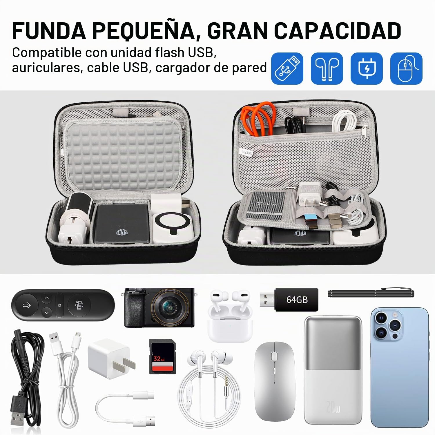 Teskyer Organizador Cables Viaje, Carcasa Rígida, Impermeable, Mejor Protección, Gran Capacidad, Portátil, Viajes Accesorios, 14 x 22 x 6,5 cm, Negro