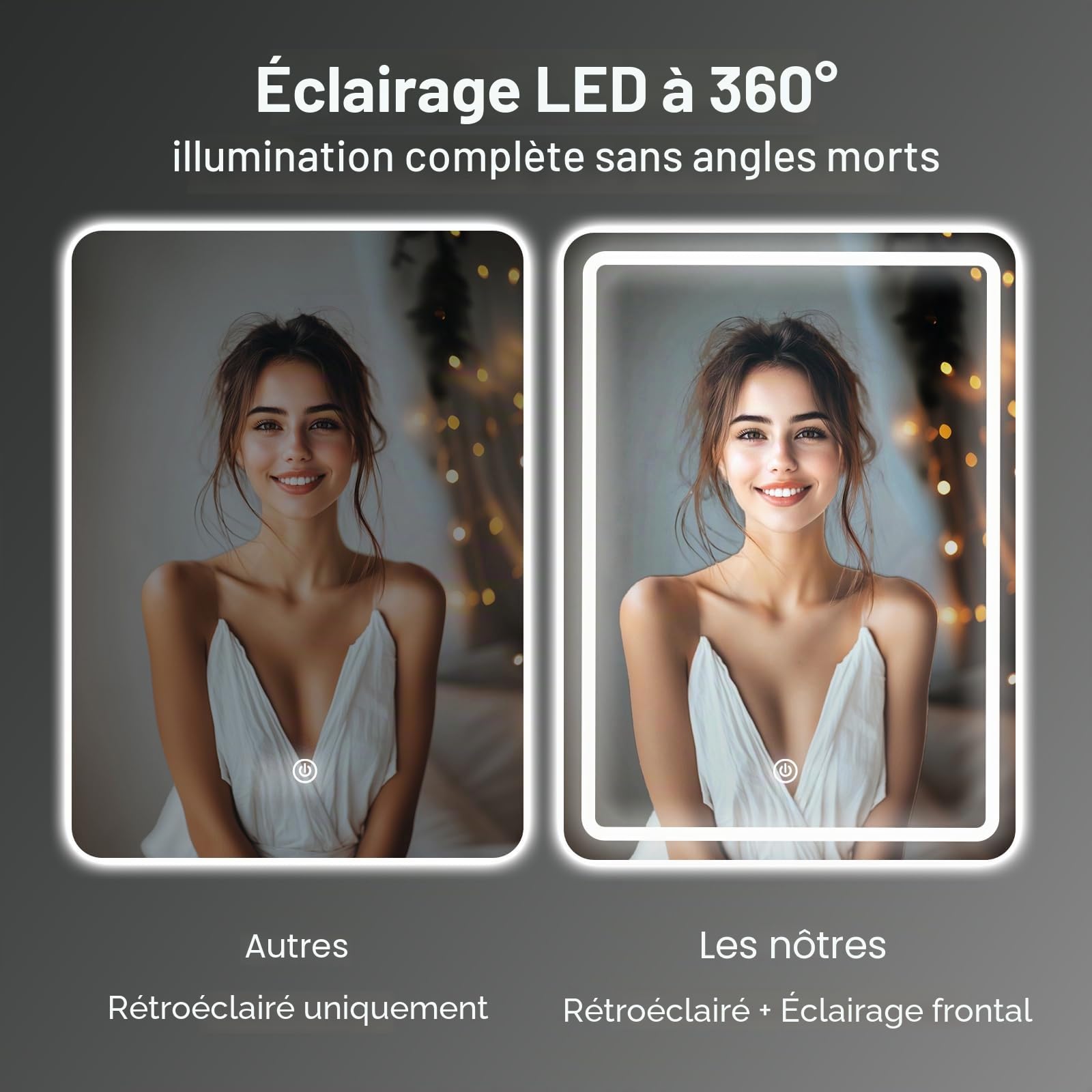 Miroir Mural de Salle de Bain avec éclairage, Miroir avec lumière LED, Interrupteur Tactile et 3 Couleurs à intensité Variable (60 x 45 cm)