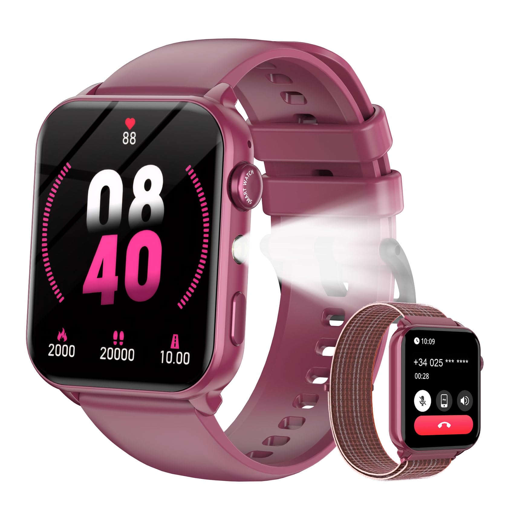 Smartwatch Donna, Orologio Smartwatch Intelligente con LED Torcia, Effettua/Risposta Chiamate, DIY Quadranti, 2 Cinturini, Contapassi, Monitor Sonno, Smart Watch Impermeabile IP68