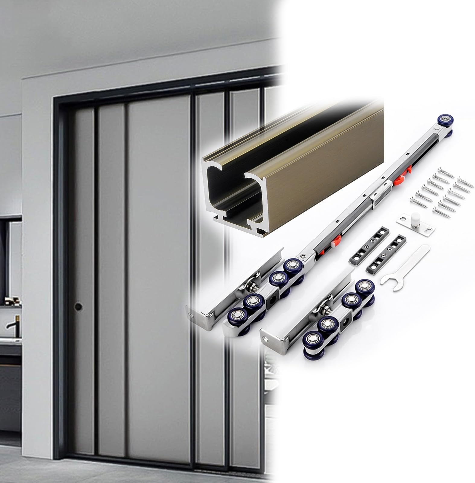 Bypass Pocket Sliding Door Hardware and Track Kit, Heavy Duty Aluminum Soft Close with 8 Wheels for Quiet and Smooth Two-Way Operation in Residential and Commercial Spaces