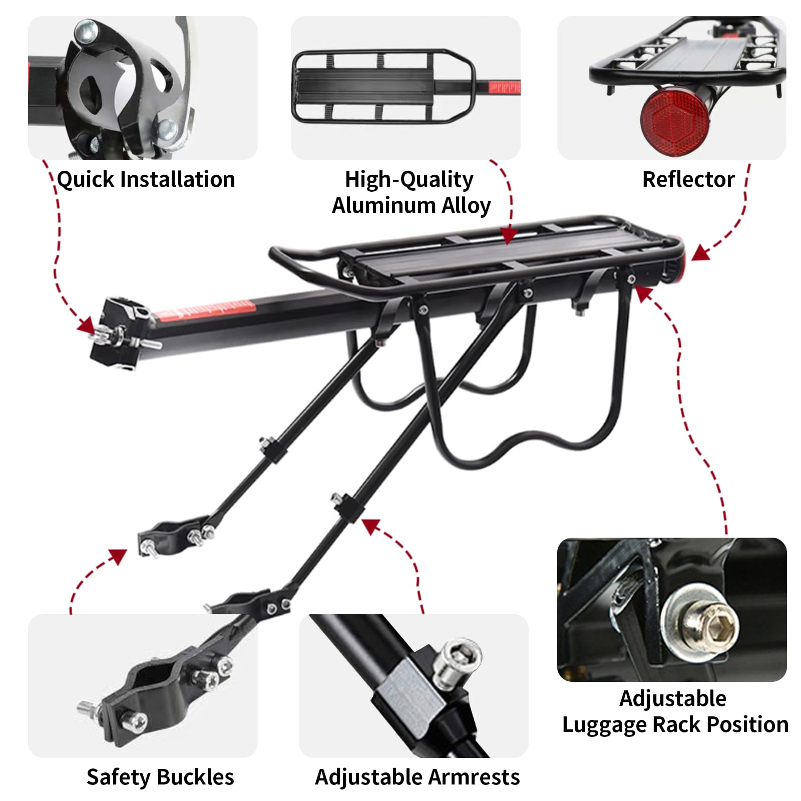Portapacchi per Mountain Bike, Portapacchi Bici Alluminio Universale Regolabile, Capacità Portata Massima 50 kg, Carrier Rack con Riflettore 24–29 Pollici, Installazione Rapida