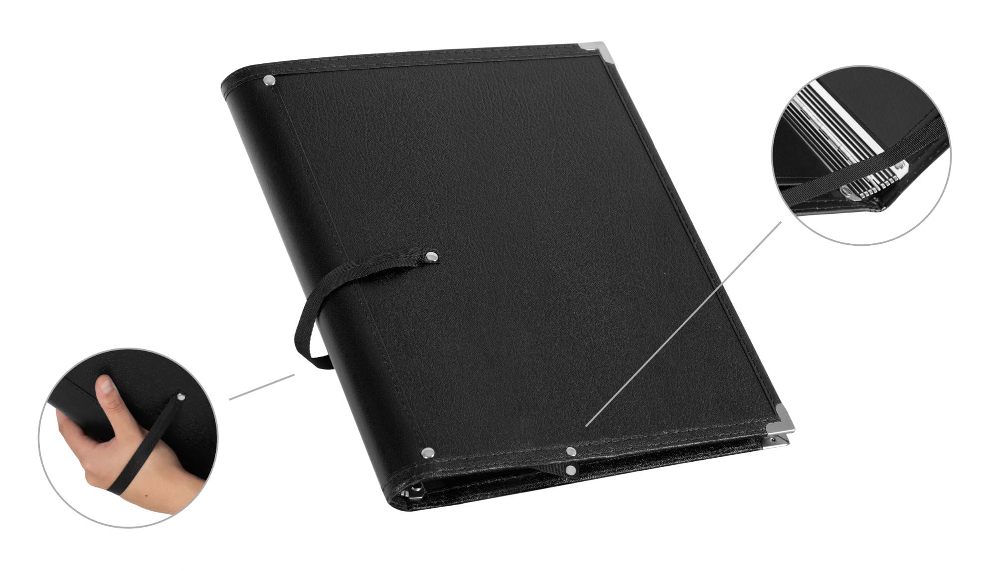 Classic Cantabile Carpeta de Partituras Estándar Negra Set de 5 | 335 x 280 mm, Altura de llenado aprox. 2 cm, Cuero sintético negro, 4 esquinas protectoras de metal, Cinta de retención
