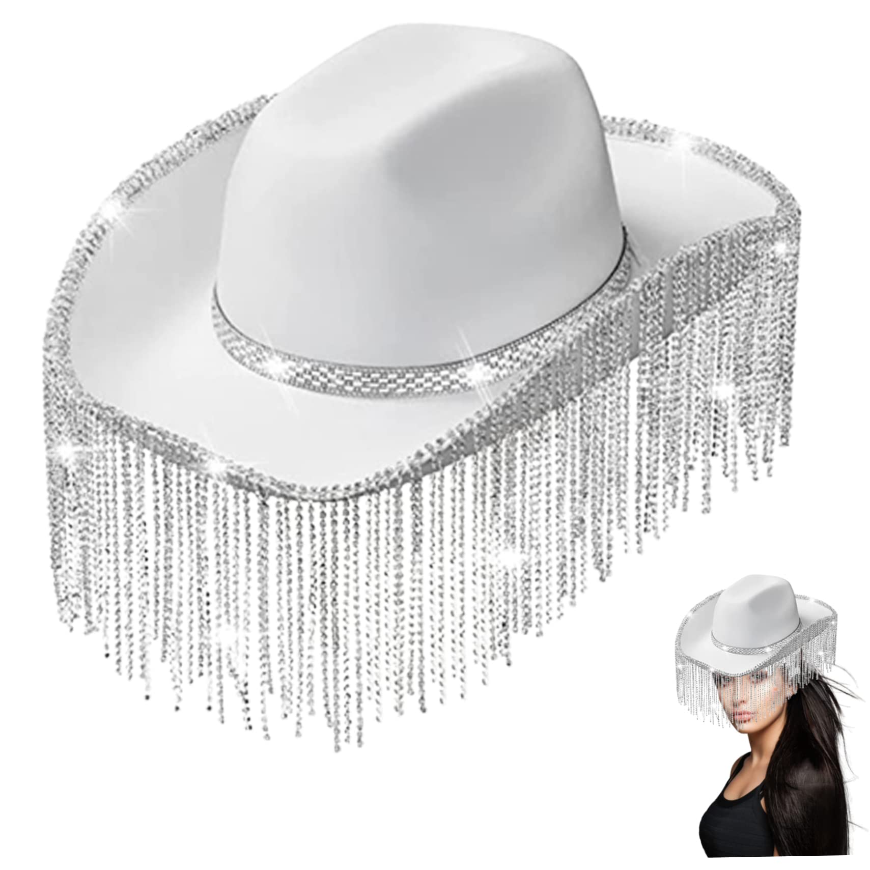 YaptheS Cowgirl Hat, White Cowboy Hat with Rhinestones Fringe, Wide Brim Glitter Cowboy Hat for Women Fancy Dress Party Accessories