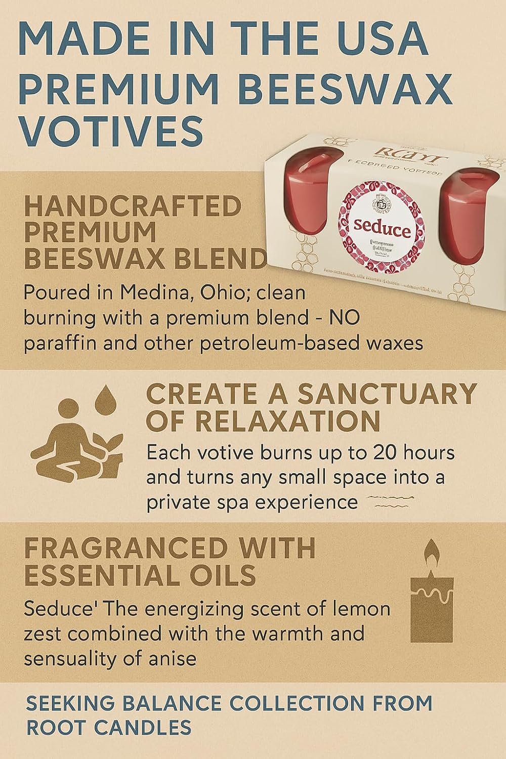 Root Candles Scented Votive Candles Seeking Balance® 20-Hour Spa Aromatherapy Candles, 3-Count, Seduce: Patchouli & Anise