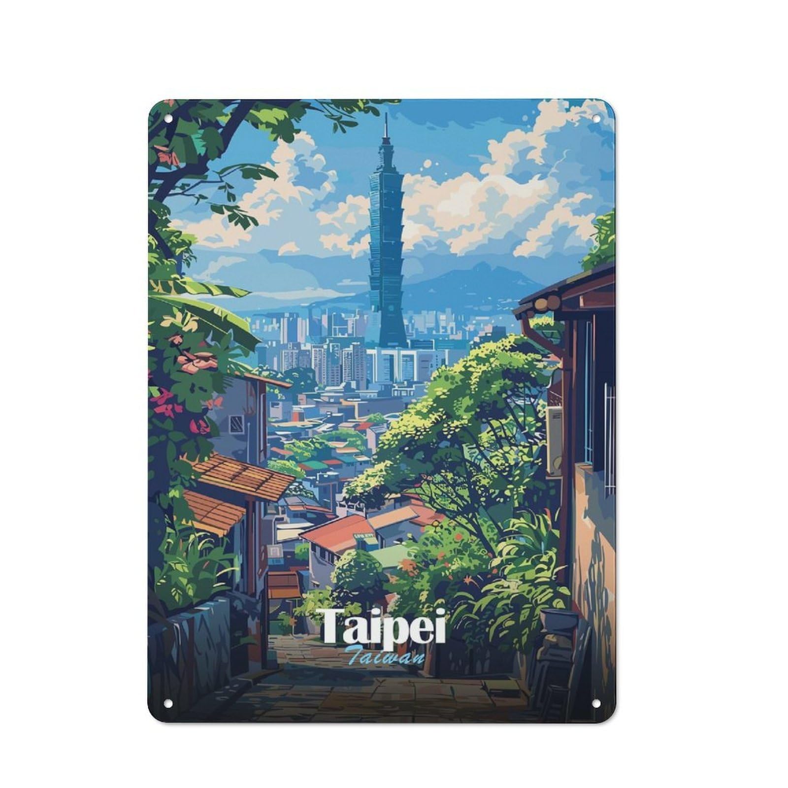 Junmoney Style-22 Taipei Cityscape Rustic Metal Wall Sign 40X30cm For Bar Or Restaurant, A Decorative Metal Sign For Bars And Restaurants