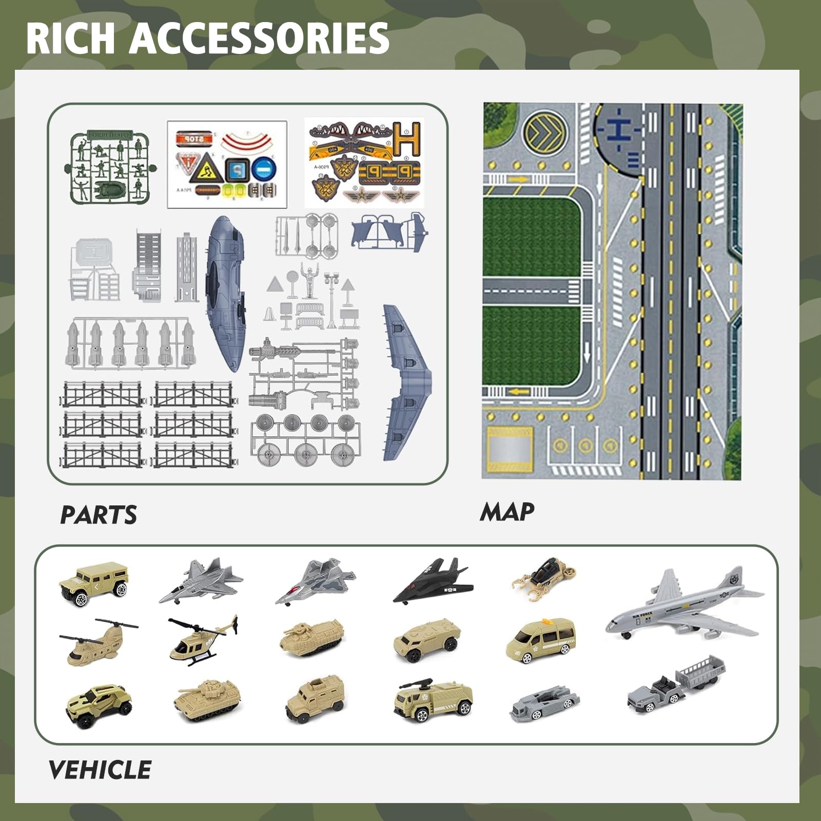 Set di Giocattoli Aereo da Trasporto Cargo Militare, Auto, mini veicolo da combattimento, soldato, elicottero, modello di aereo, Kit giocattolo per veicoli militari, mappa di gioco per bambini età 3+