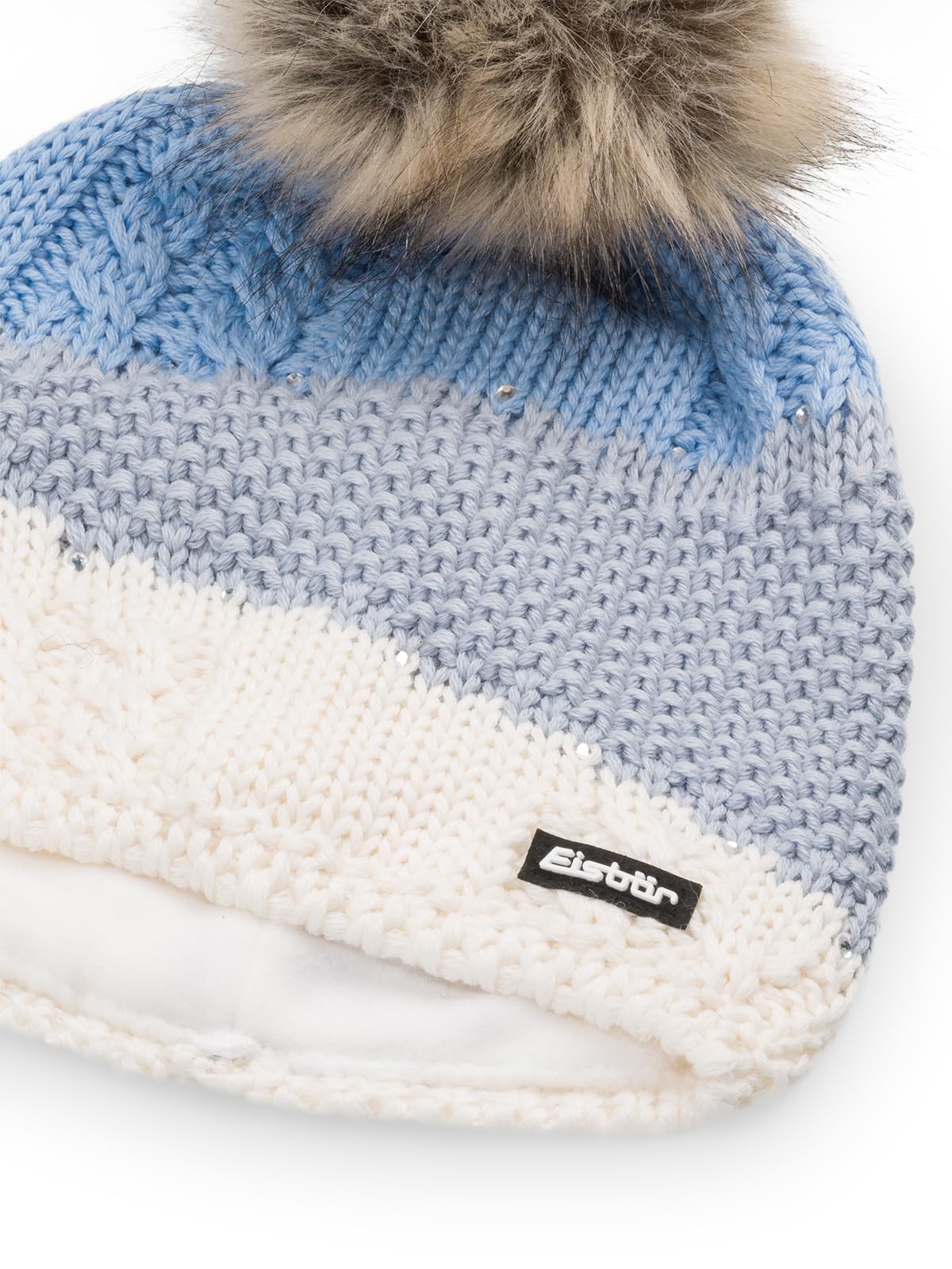 Eisbär Eden Lux Crystal czapka damska z pomponem z merynosów, z polarem, chroni przed zimnem i wiatrem, czapka z dzianiny z pomponem ze sztucznego futra z kryształkami Swarovskiego, elegancka czapka