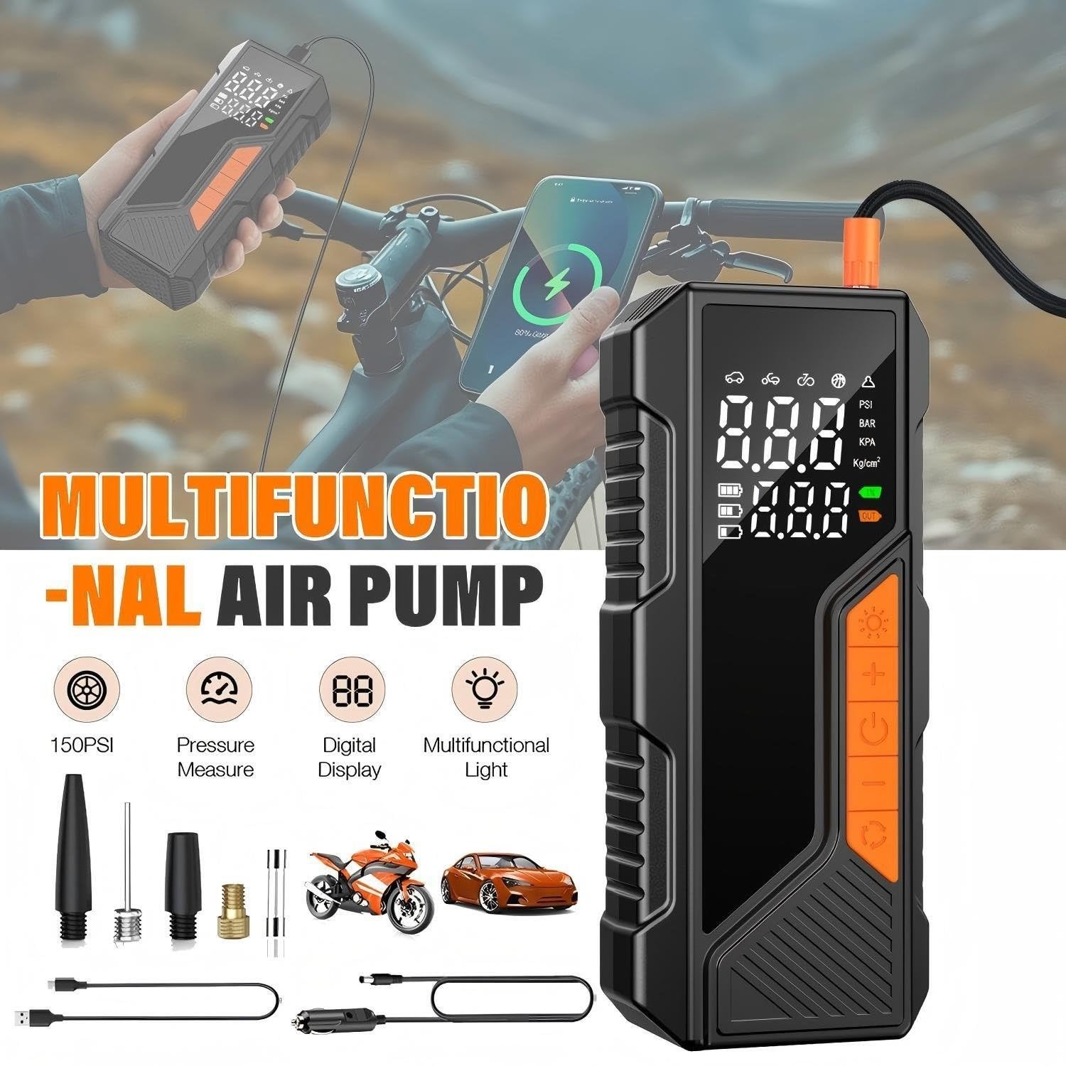 Inflador Ruedas Coche Inflador de neumáticos inalámbrico de 150PSI, compresor de Aire portátil, manómetro Digital, luz LED para Coche y Motocicleta Compresores de Aire portátiles