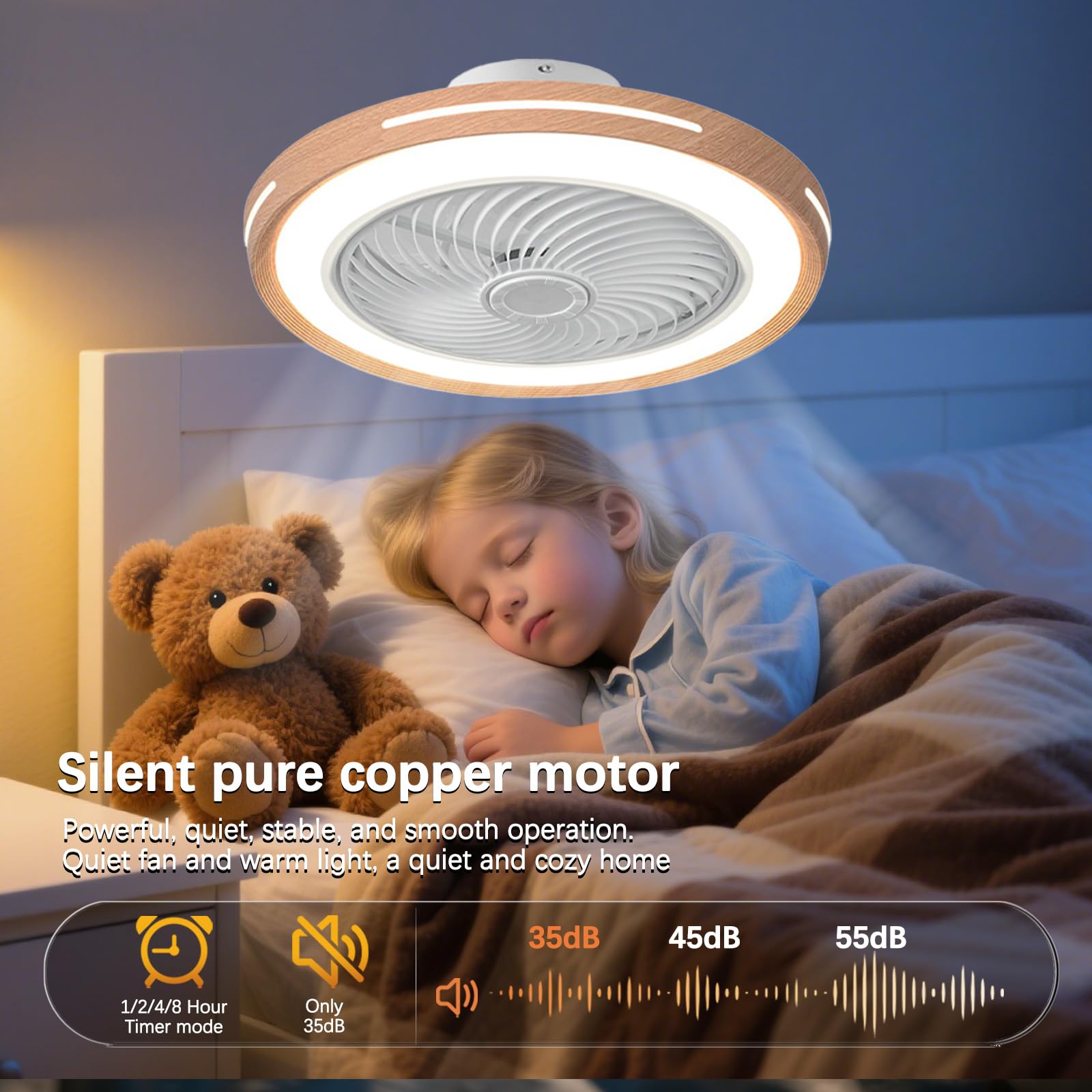 Ventilatore da Soffitto con Luce e Telecomando Finto legno 50cm-A | Silenzioso LED Dimmerabile Plafoniera con Ventilatore DC Reversibile Lampadario con Ventola per Camera da Letto Soggiorno
