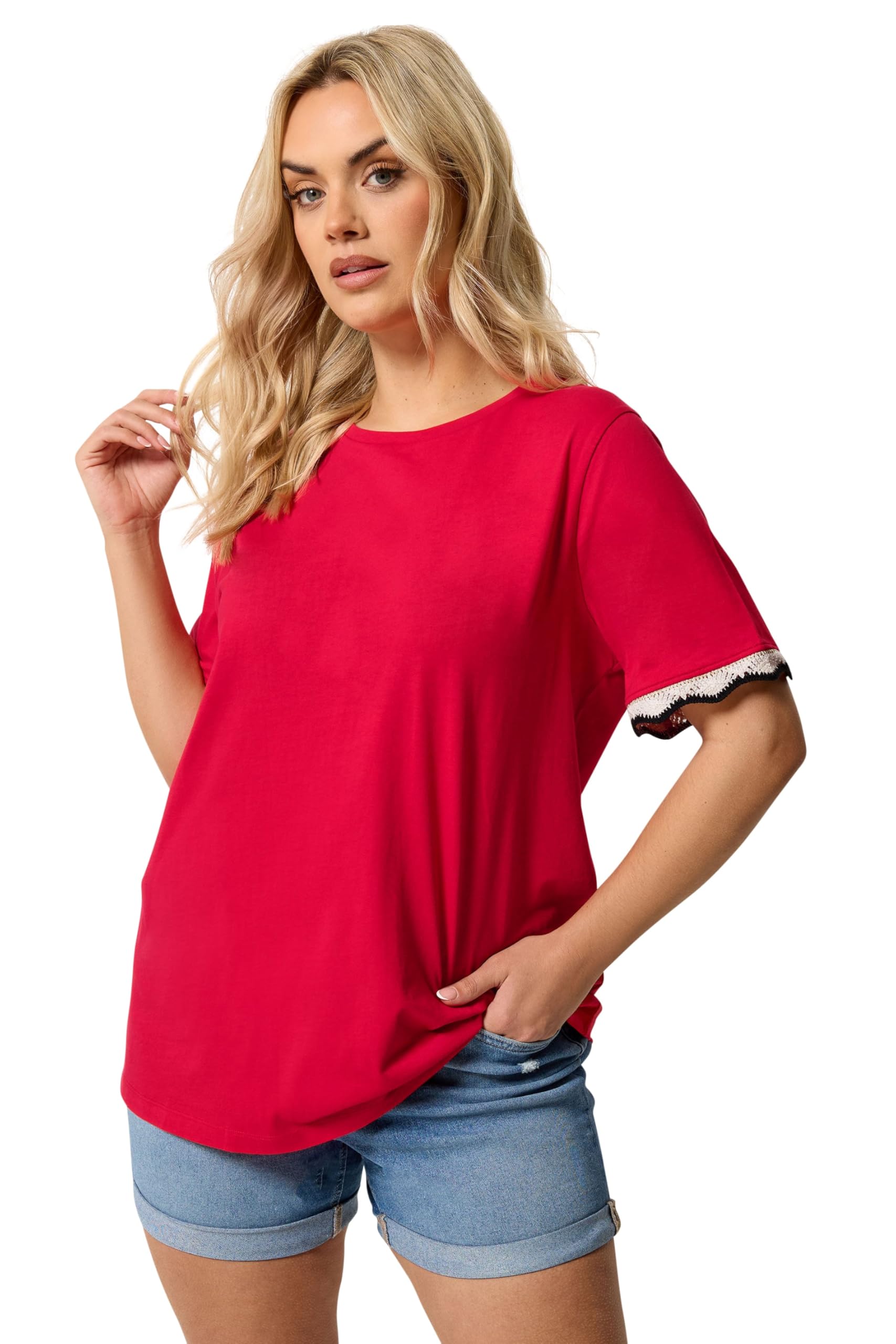 Yours Women's Metallic Crochet Trim T-Shirt in Red | Size: 16