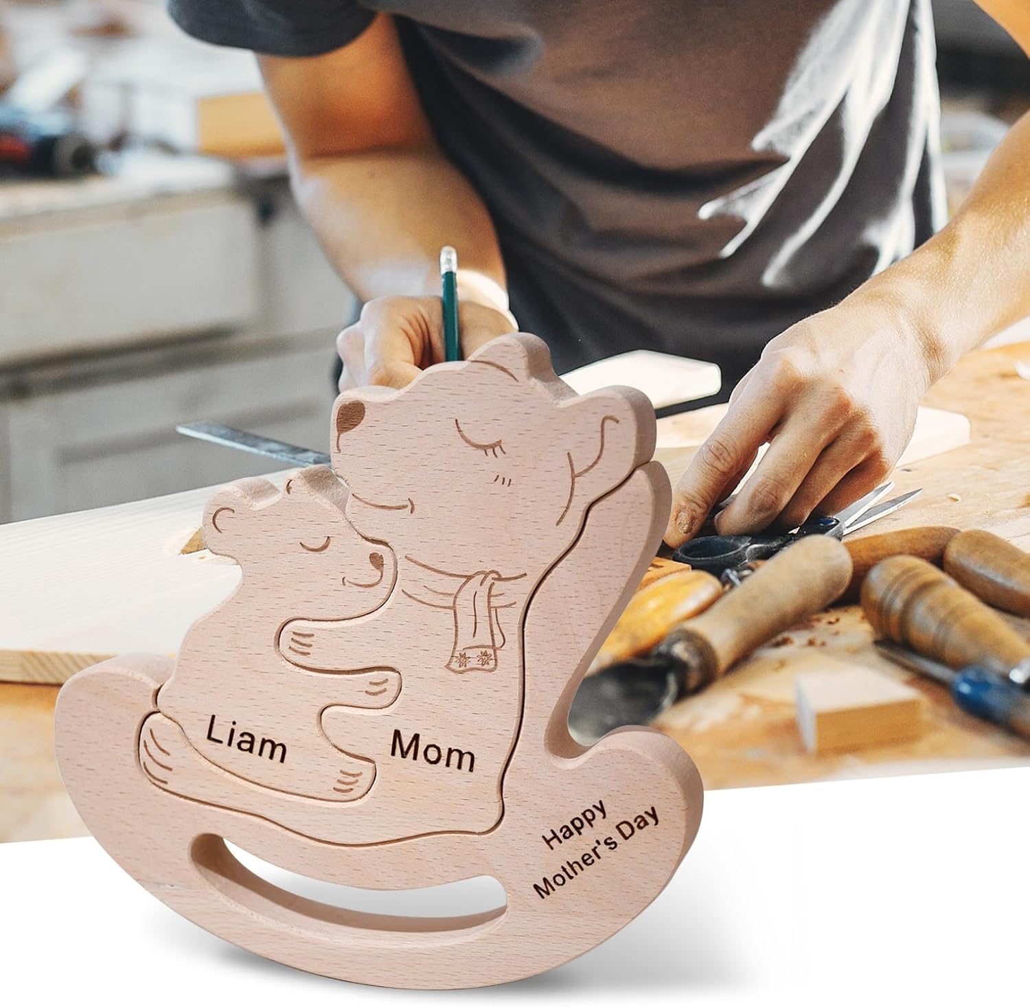 Personalized Wooden Rock Bear Puzzle, Custom Bear Jigsaw Puzzle with 2 Names, Customized Gifts for Mom Dad Grandparents, New Mom Home Decor