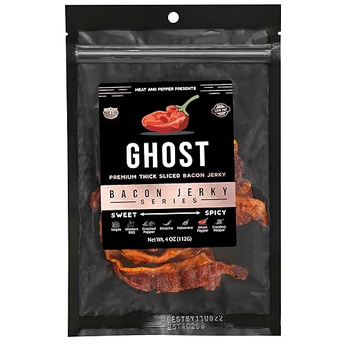 Meat And Pepper Cecina de tocino de corte grueso, pimiento fantasma, picante, cocido listo para comer, aperitivo keto alto en proteínas, bocadillos