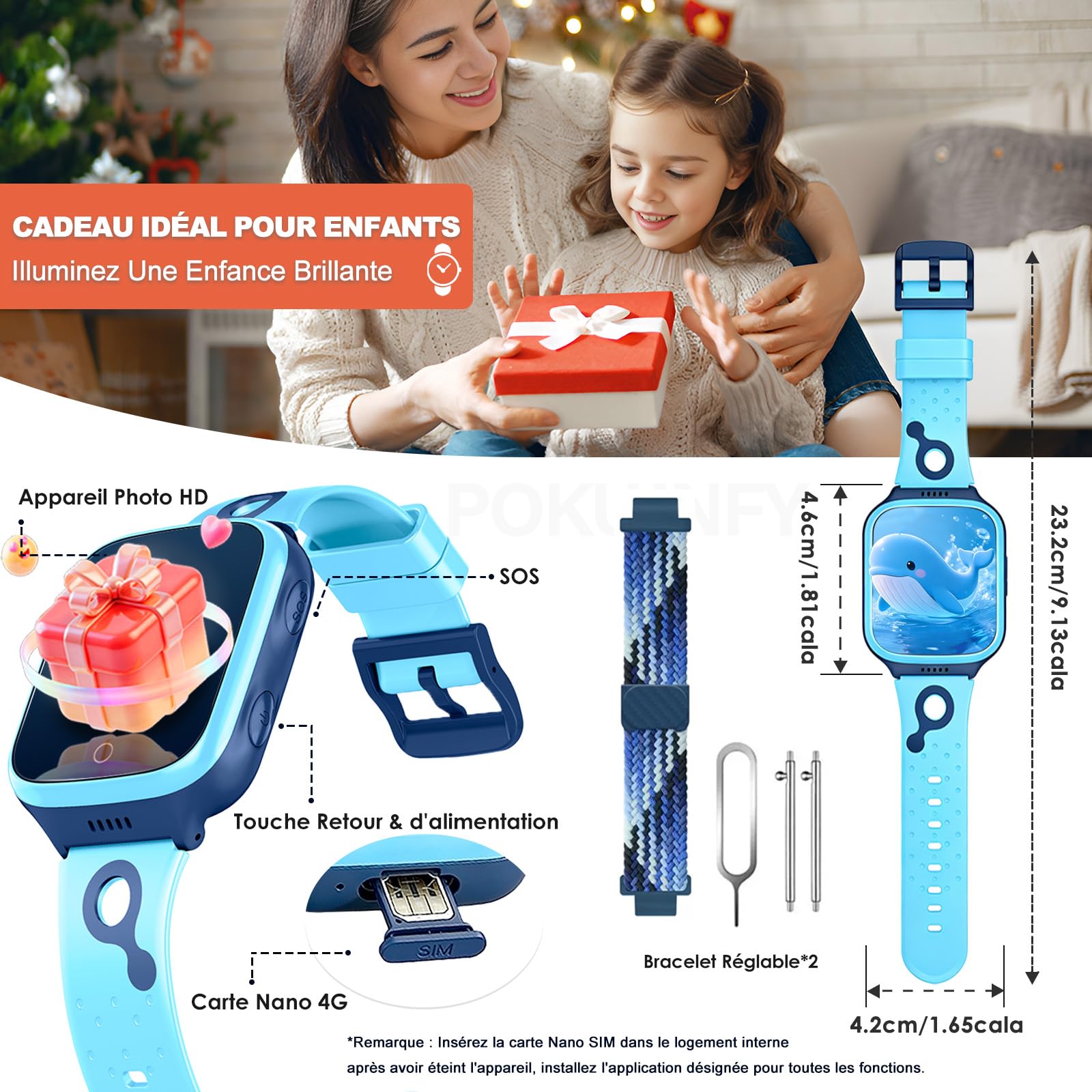 4G Montre Connectée Enfant pour Garçon Fille - Traceur GPS Tracker | Appel Vidéo Téléphone Chat Vocal SOS Mode Classe Calculatrice Reveil Jeu Podometre - Numérique Étanche Montre Enfant Cadeau