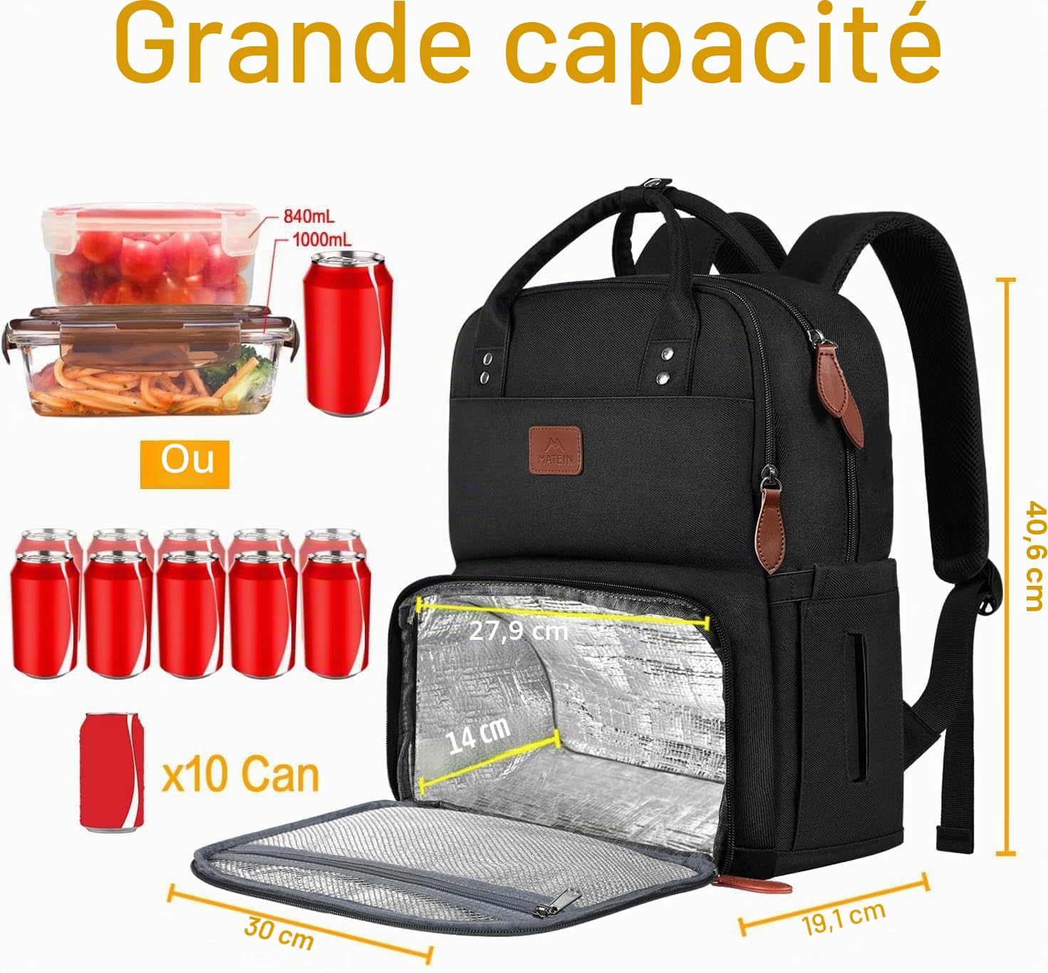 MATEIN Sac à Dos Déjeuner Isotherme, Sac à Dos Ordinateur 15,6 Pouces pour Homme Femme, avec Imperméable Sac Isotherme Repas Voyage pour Collège Affaire Scolaire, Noir