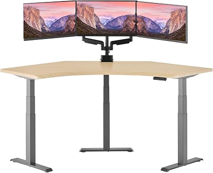 Vari Command Center Electric Standing Desk 120 Curved Sit-Stand Gaming Desk Corner Workstation for Triple Monitors + Sloped Front Edge, 4 Height Settings, 200 lb Capacity Light Wood/Slate