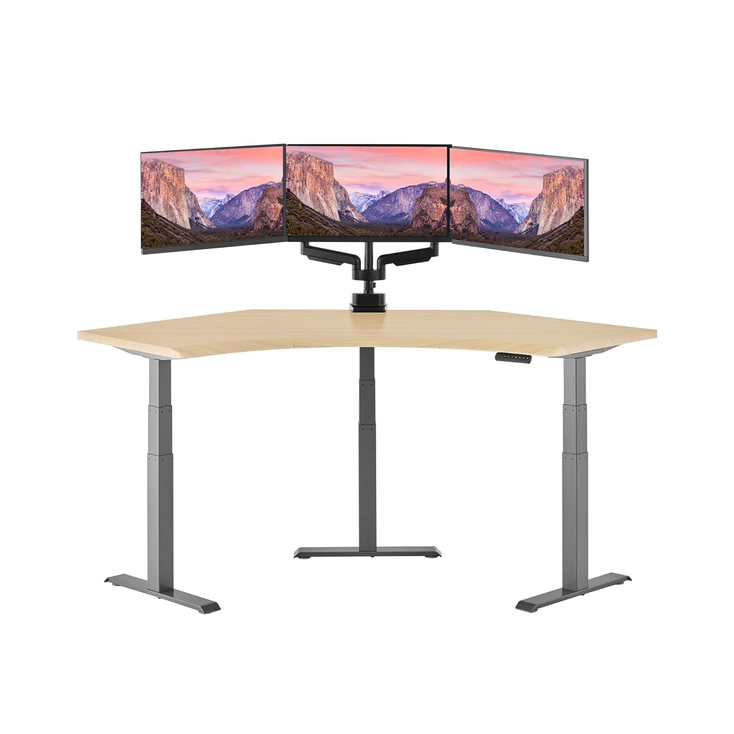 Vari Command Center Electric Standing Desk 120 Curved Sit-Stand Gaming Desk Corner Workstation for Triple Monitors Sloped Front