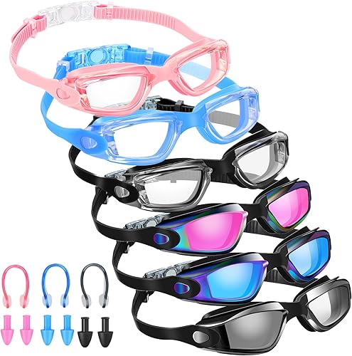 Miniatura 8 de Paquete de 6 gafas de natación para adultos, antiempañamiento, con tapones para los oídos, clip para la nariz, sin fugas, protección completa