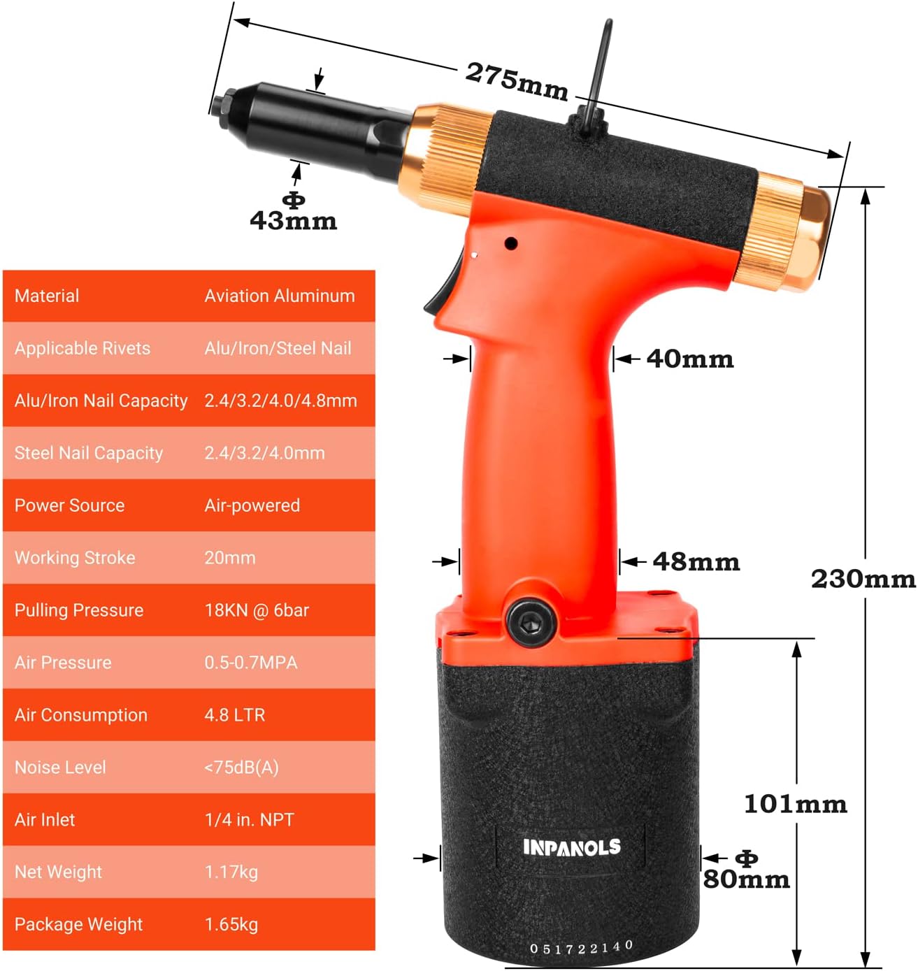 Pneumatic Pop Riveter Gun Hydraulic Air Rivet Tool Kit with 3/32 & 1/8 & 5/32 & 3/16 inch Nosepieces