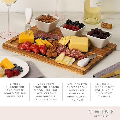 Vista 2 de Twine Juego de tablas de queso de acacia y pizarra, cuencos y cuchillos para charcutería, bandeja de queso de pizarra para quesos de madera, juego