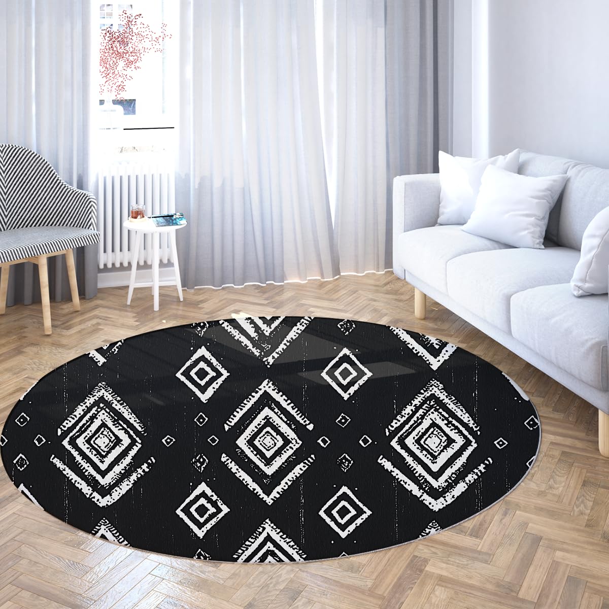 Tappeti rotondi da fattoria Tappeto geometrico minimalista Aztec Circle Area tappeto lavabile in lavatrice Tappeto sottile antiscivolo per soggiorno Camera da letto Ufficio 200cm