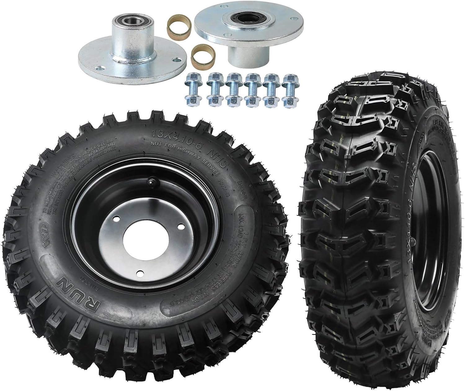 2Pack 13x4.10-6'' Wheel Tire & Rim, 13x4.10x6 Go Kart Tire, 4-Ply Tubeless Tire for Mini Truck Dune Buggy Snowmobile Lawn Mower ATV, with Left Right Wheel Rim Hub 3 Stud 17mm Bearing Flange