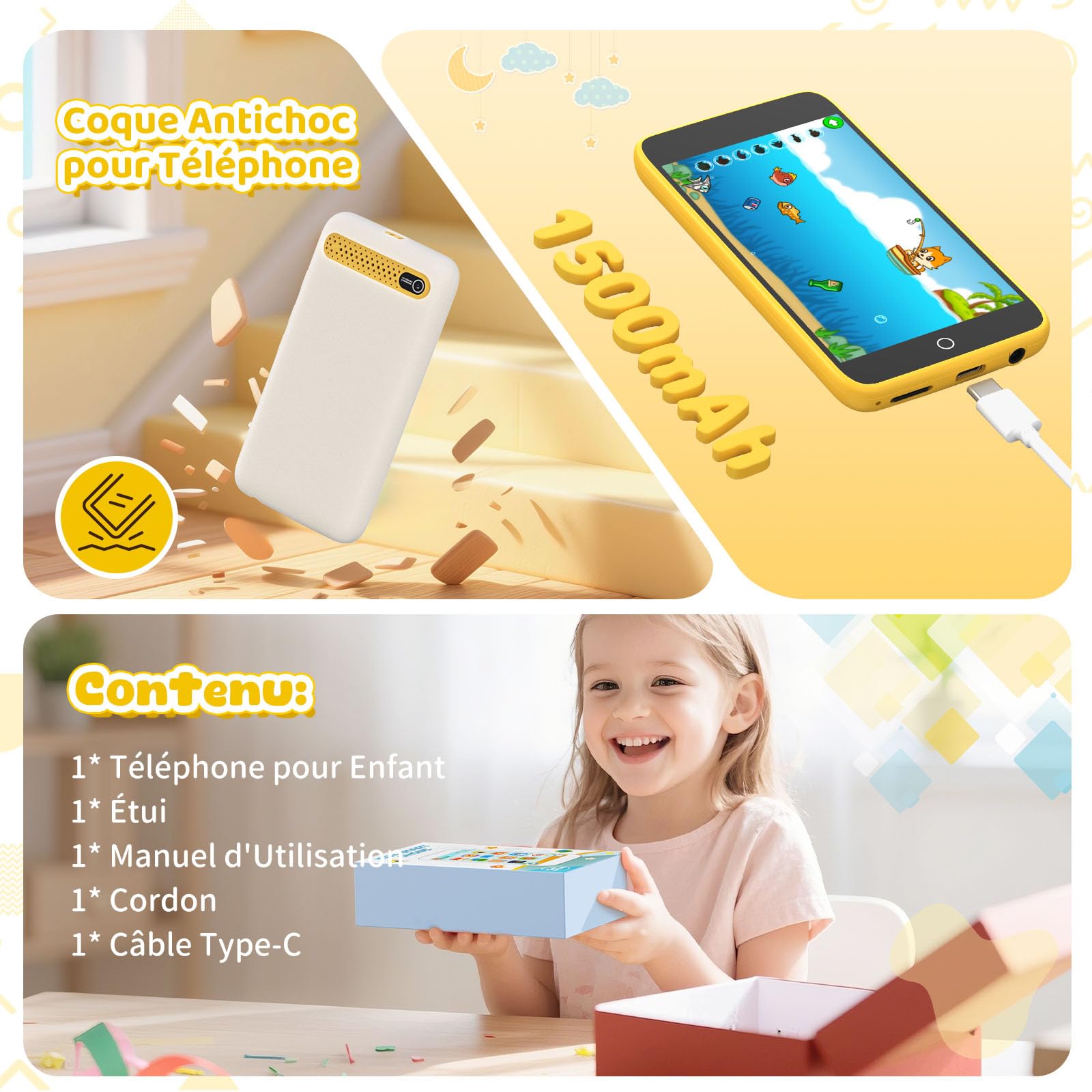 Téléphone Enfant, orantronx Téléphone Portable Enfant 3 4 5 6 7 8 9 10 11 12 Ans, 3.97" Smartphone avec 210 Jeux Éducatifs, 190 Dessins, Filles Garçons Jouet pour Anniversaire, Noël, Rentrée