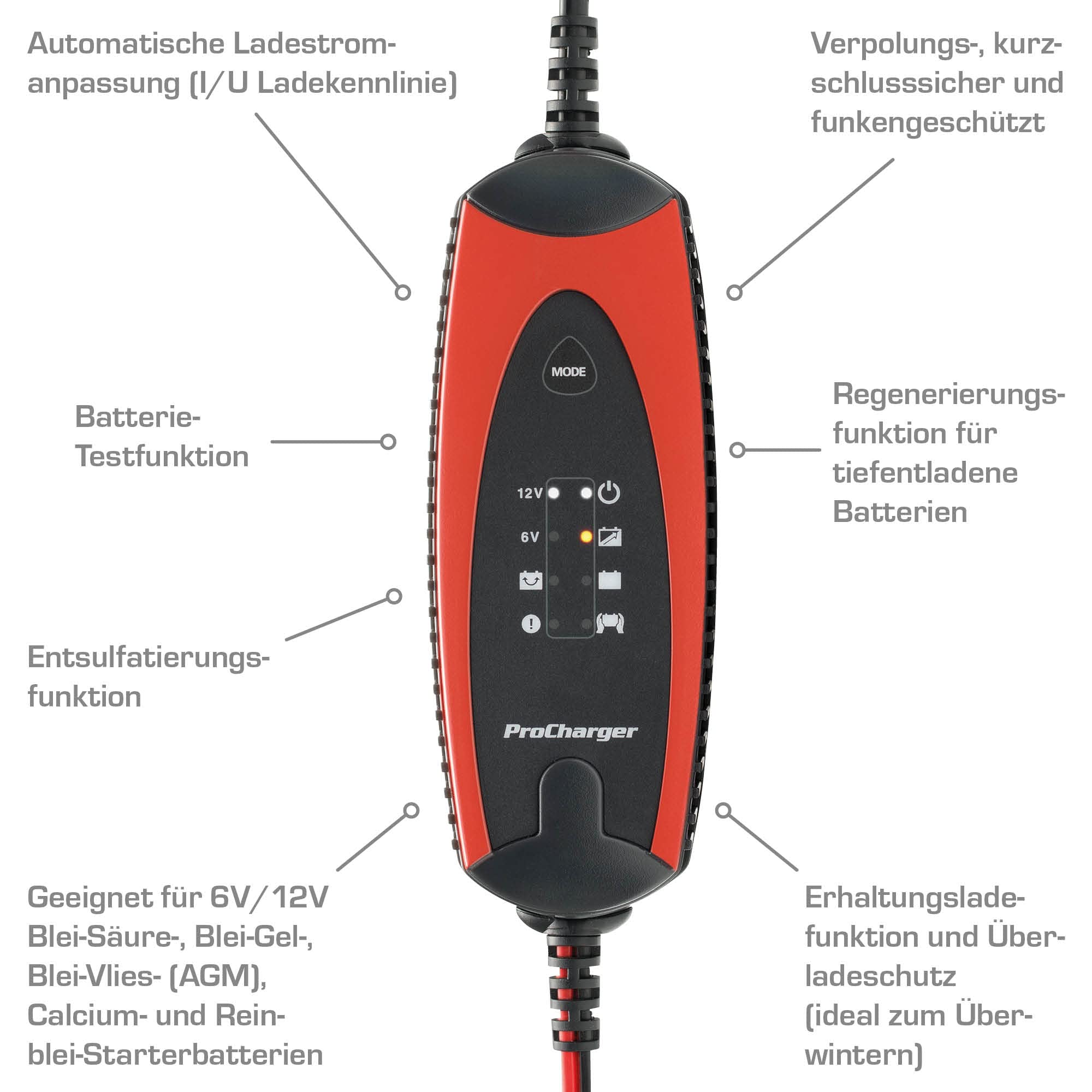 ProCharger 1.000 Batterieladegerät Motorrad & Auto, Intelligentes Ladegerät, 6-12V 1A, Diagnose- & Pflegegerät, Test- & Entsulfatierungsfunktion, Automatische Ladestromanpassung Rot/Schwarz
