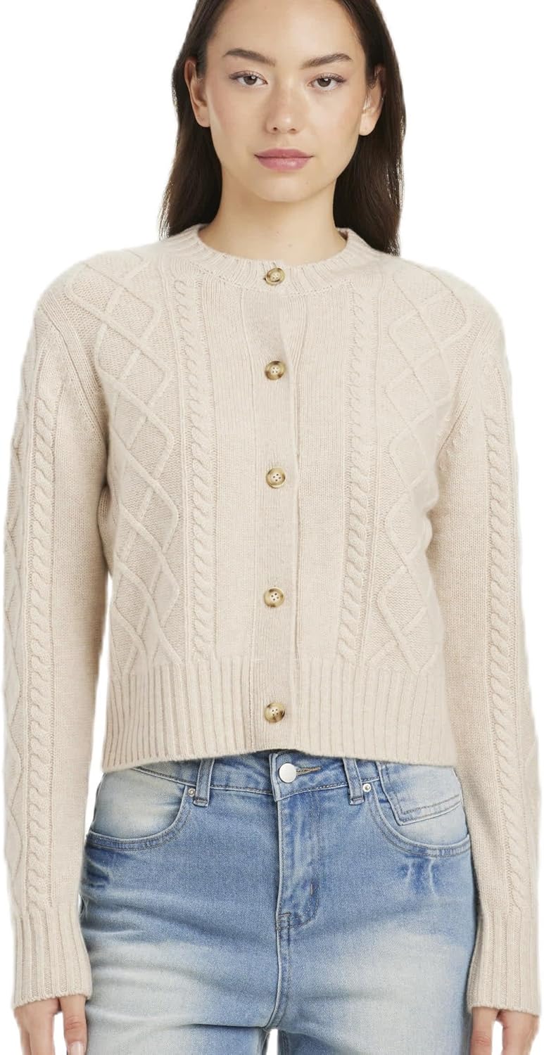 Women’s Cable Knit Cardigan – 100% Cashmere, Slim Fit Button-Down Long Sleeve Luxury Sweater