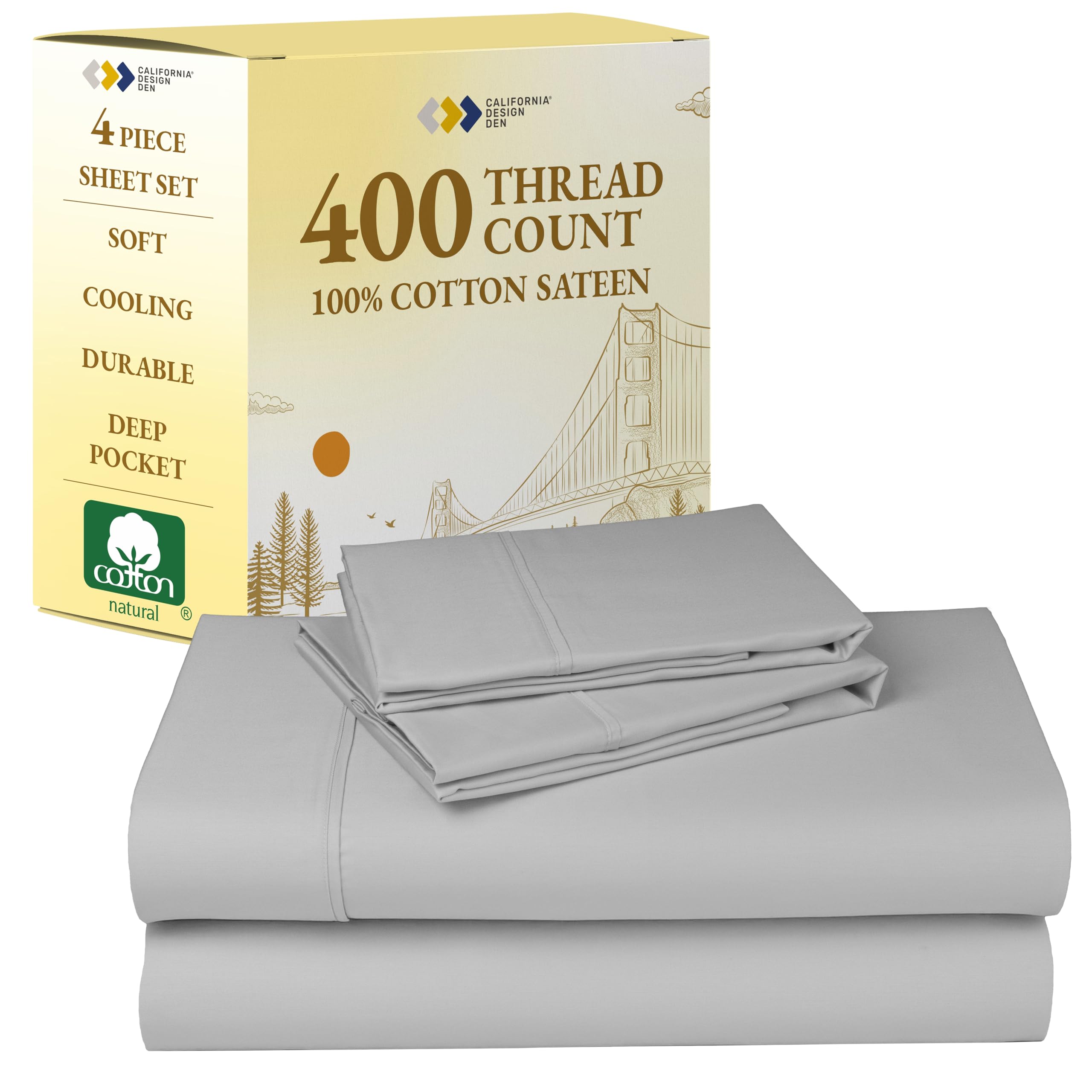 California Design Den Queen Sheets Set - Soft 400 Thread Count Sateen, Natural 100% Cotton Sheets, Deep Pockets with All Around Elastic for a Snug Fit, Cool & Durable Bedding Set - Light Grey