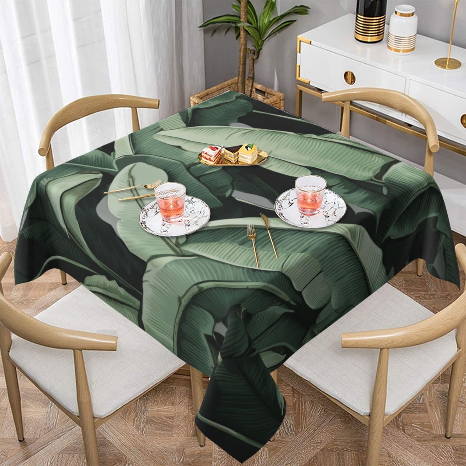 WPKJU Tropical Banana Palm Leaves Art Printed Square Tablecloth 54x54 inch Water Resistant Table Cover Washable Rectangle Table Cloth for Dining Tables