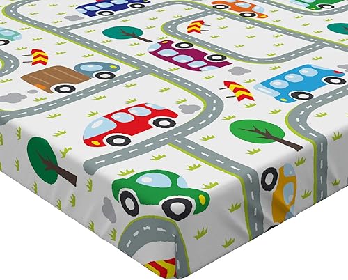 Miniatura 2 de Ambesonne Sábana bajera ajustable para autos, diseño de dibujos vibrantes con diseño urbano de tráfico, funda de cama con bolsillo profundo elástico