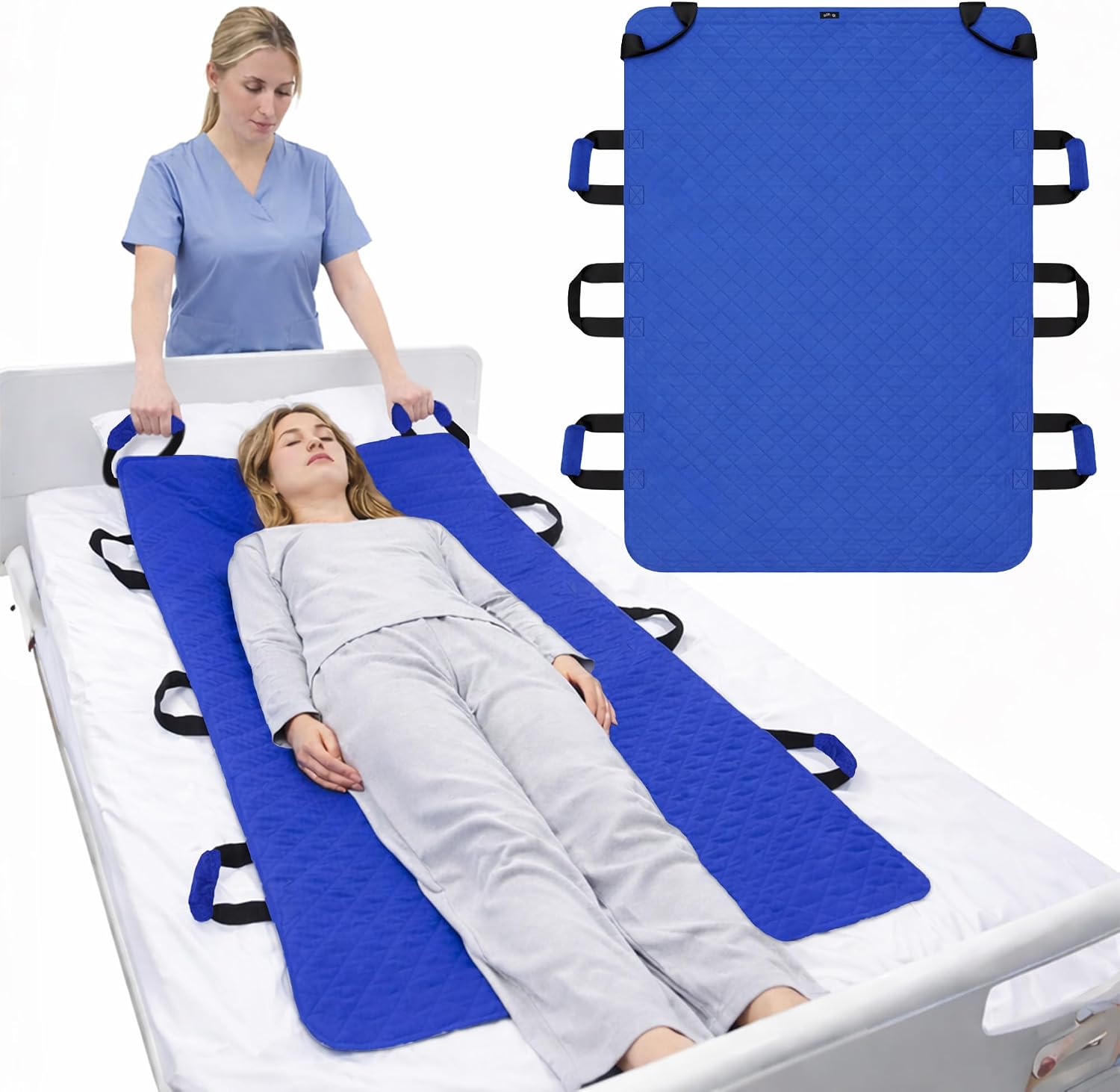 SPRING SEAON 34"x52" Positioning Bed Pad, with 8 Reinforced Handles and 4 Soft Handle Pads,Slide Sheets for Moving Patient,Double-Layer Waterproof Fabric,Machine Washable and Reusable(Royal Blue)