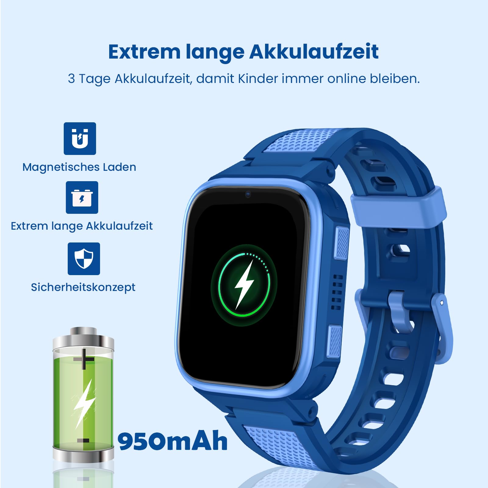 K10 4G Kinder Smartwatch mit GPS und Telefonfunktion, 1,8-Zoll-Bildschirm, 950mAh, IP68 Wasserdicht, Schulmodus, SOS-Notruf - Smartwatch für Kinder ab 6Jahren (Blau)