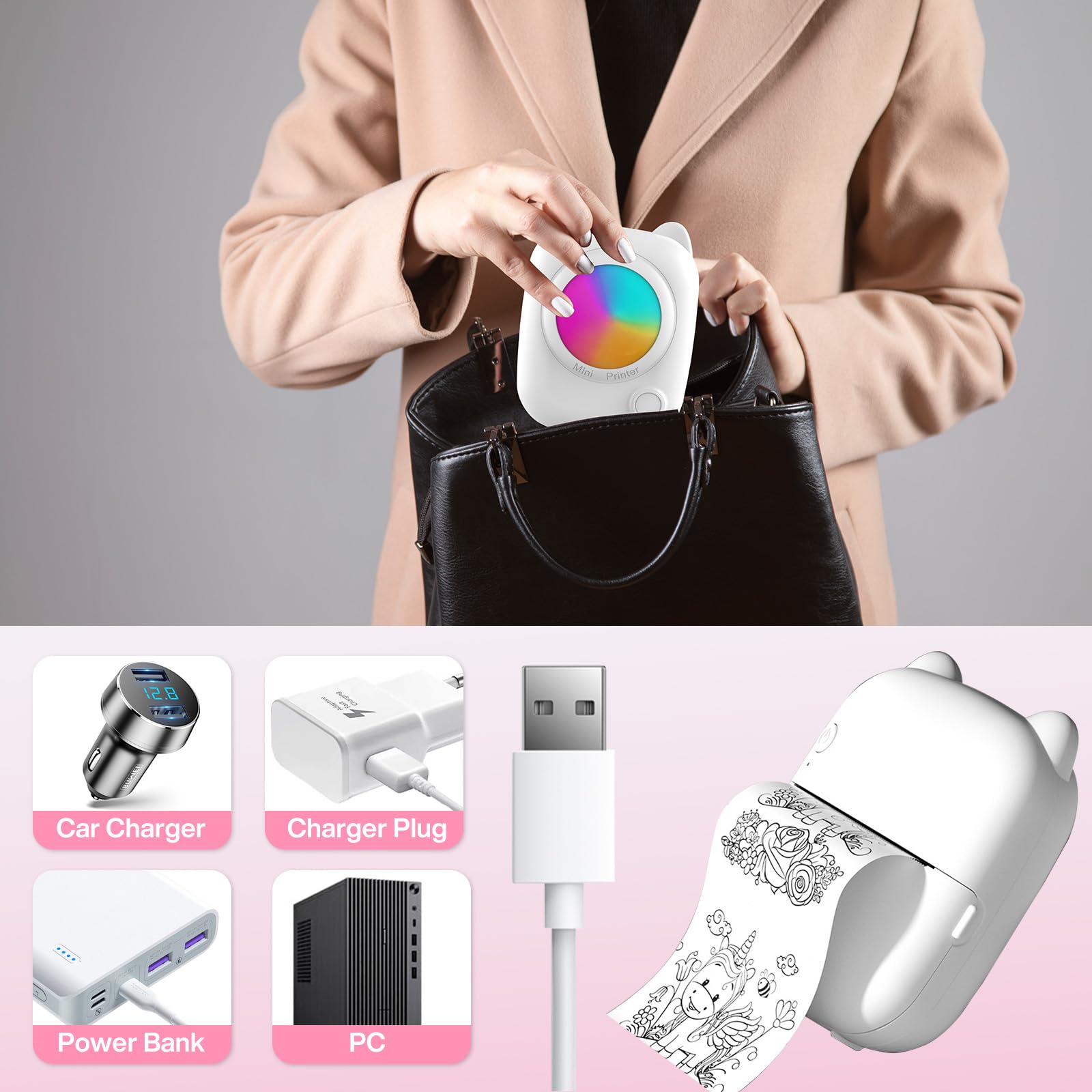 Imprimante Photo Portable Mini - Bluetooth - Impression Thermique - 14 Rouleaux Inclus - Pour Phone IOS/Android