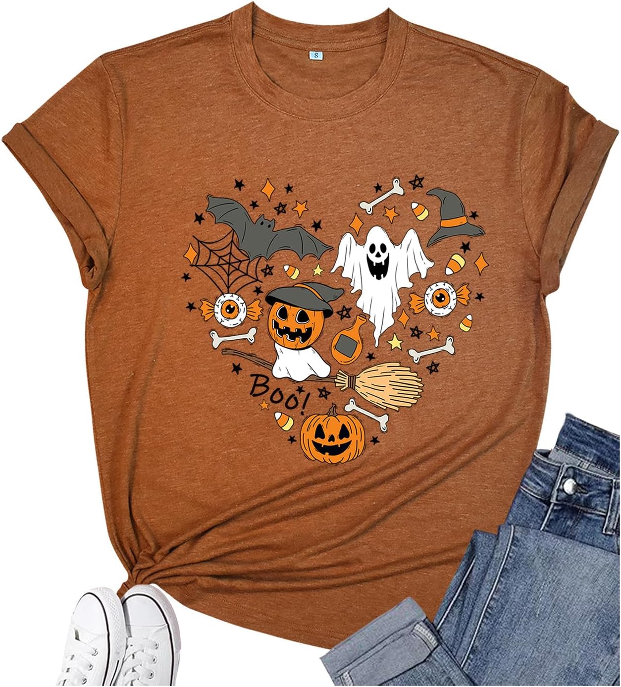 Women's Halloween Shirt: Love Art Patterns Halloween Party T-Shirt Crewneck Short Sleeve Small Brown-qz