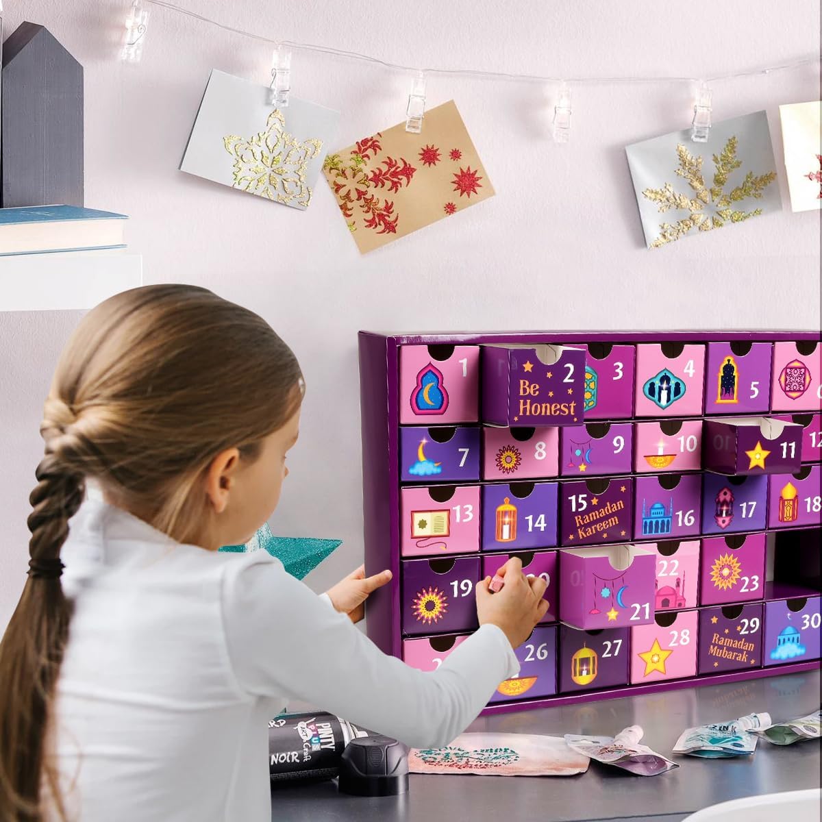 MOVINPE Ramdan Calendar with Drawers 2026 Ramadan Gifts for Kids, 30 Pre-Assembled Empty Boxes Eid Mubarak Coutdown Calendar Fillable Islamic Art Gift Box, Ramadan Party Supplies (Purple)
