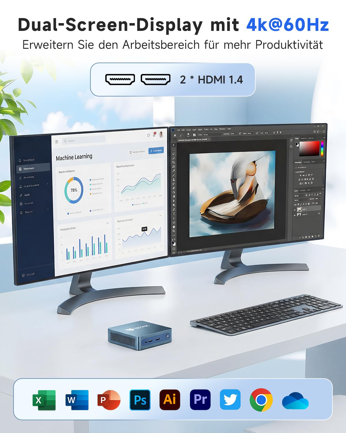 BMAX Mini PC Intel Celeron J3355 mit Win 11 Home, 6GB LPDDR3 + 128GB eMMC Mini Desktop Computer Micro PC Dual HDMI 4K@60 Hz RJ45 Gigabit Ethernet WiFi5 BT USB x4 für Business/Büro, Daily Use
