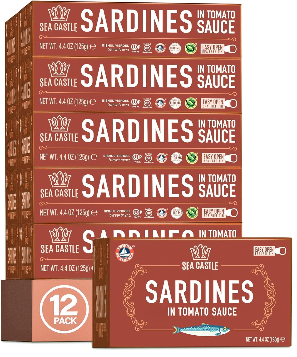 Sea Castle Sardines in Tomato Sauce 125g (Case of 12) | Rich in Omega 3, Easy Open BPA Free Tin, Kosher