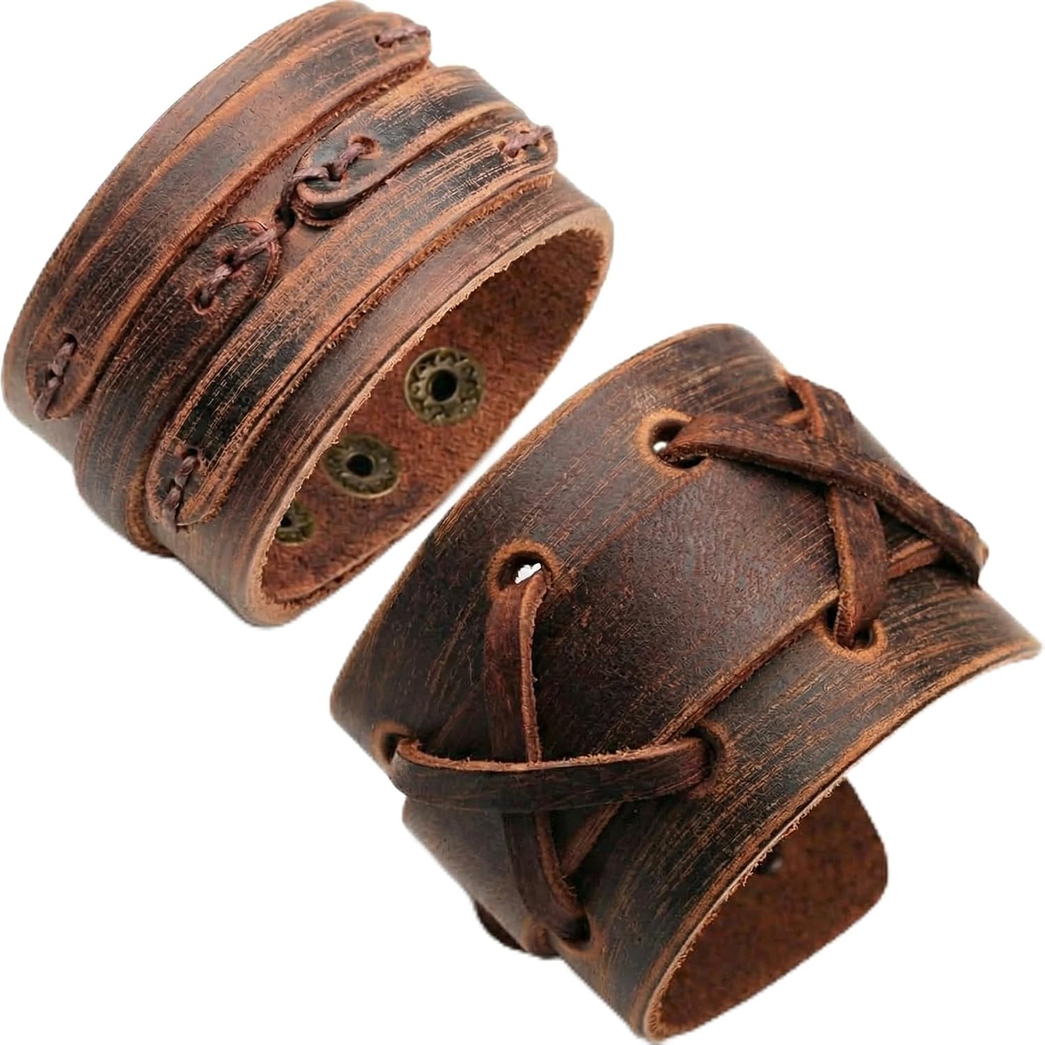 Leather Bracelet for Men, 2-Pack Vintage Woven Design with Adjustable Closure, Classic Brown Leather Bracelets for Casual Wear and Daily Use, Comfortable Fit for Various Wrist Sizes