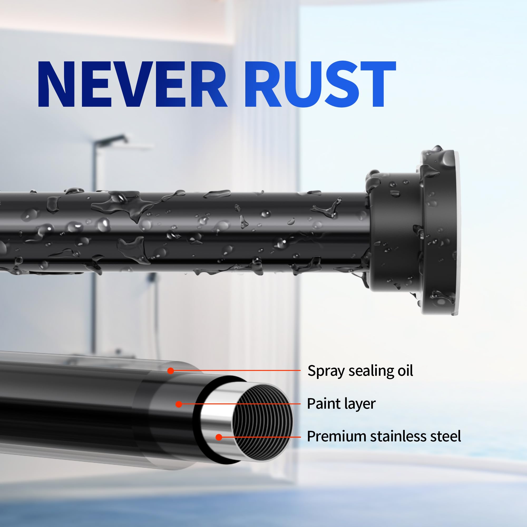 Condition photo showing New/Like New for mcrbeay shower curtain rod, 1" diameter heavy duty tension shower rod, non slip adjustable 28-102 inch no drilling shower curtain rods spring tension for bathroom, shower stall, no rust, black