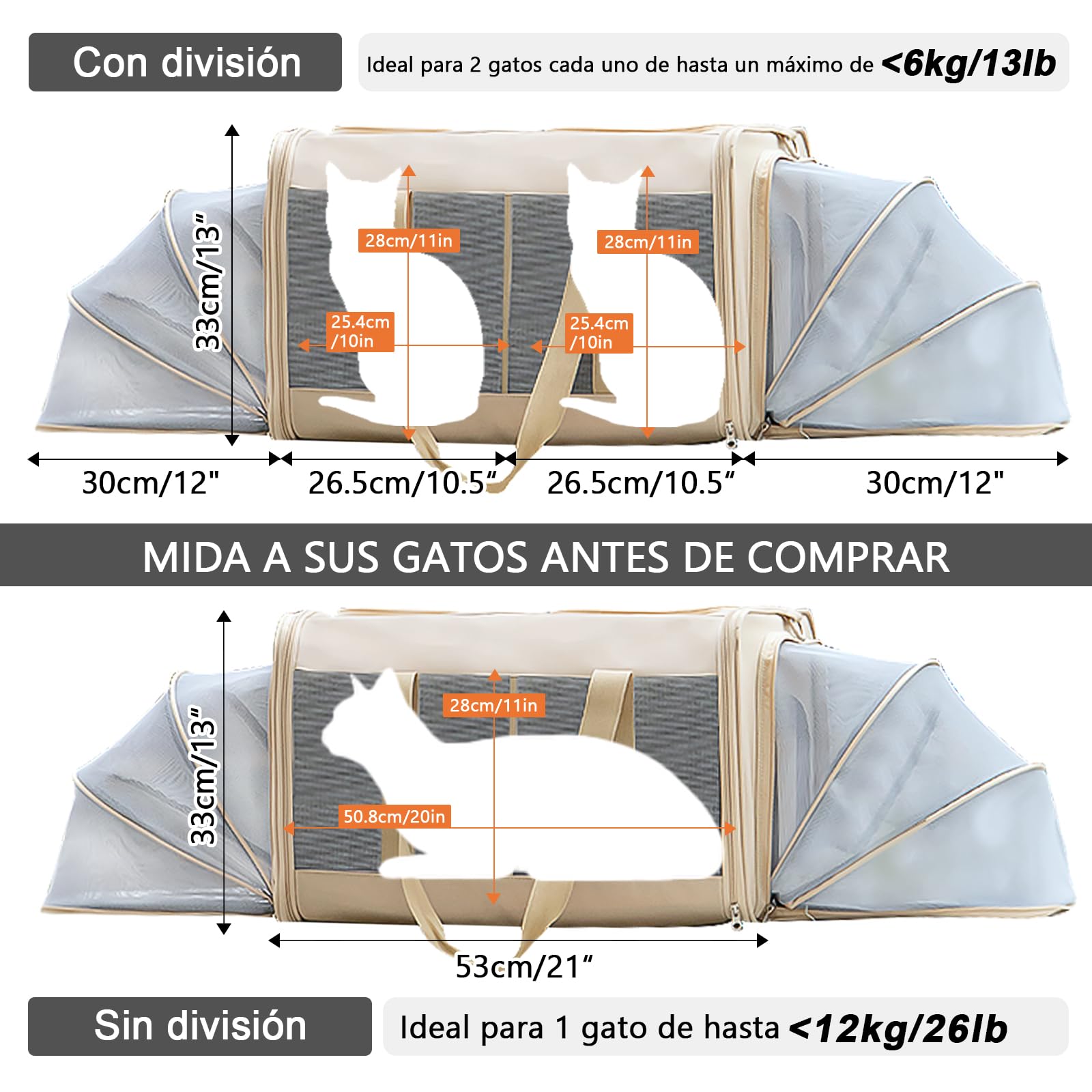 Transportín Doble para 2 Gatos con Ruedas - 2 Compartimentos Independientes,Base Extraíble y Correas de Seguridad - Transpirable - Ideal Viajes en Coche/Veterinario (55x44x33 cm)