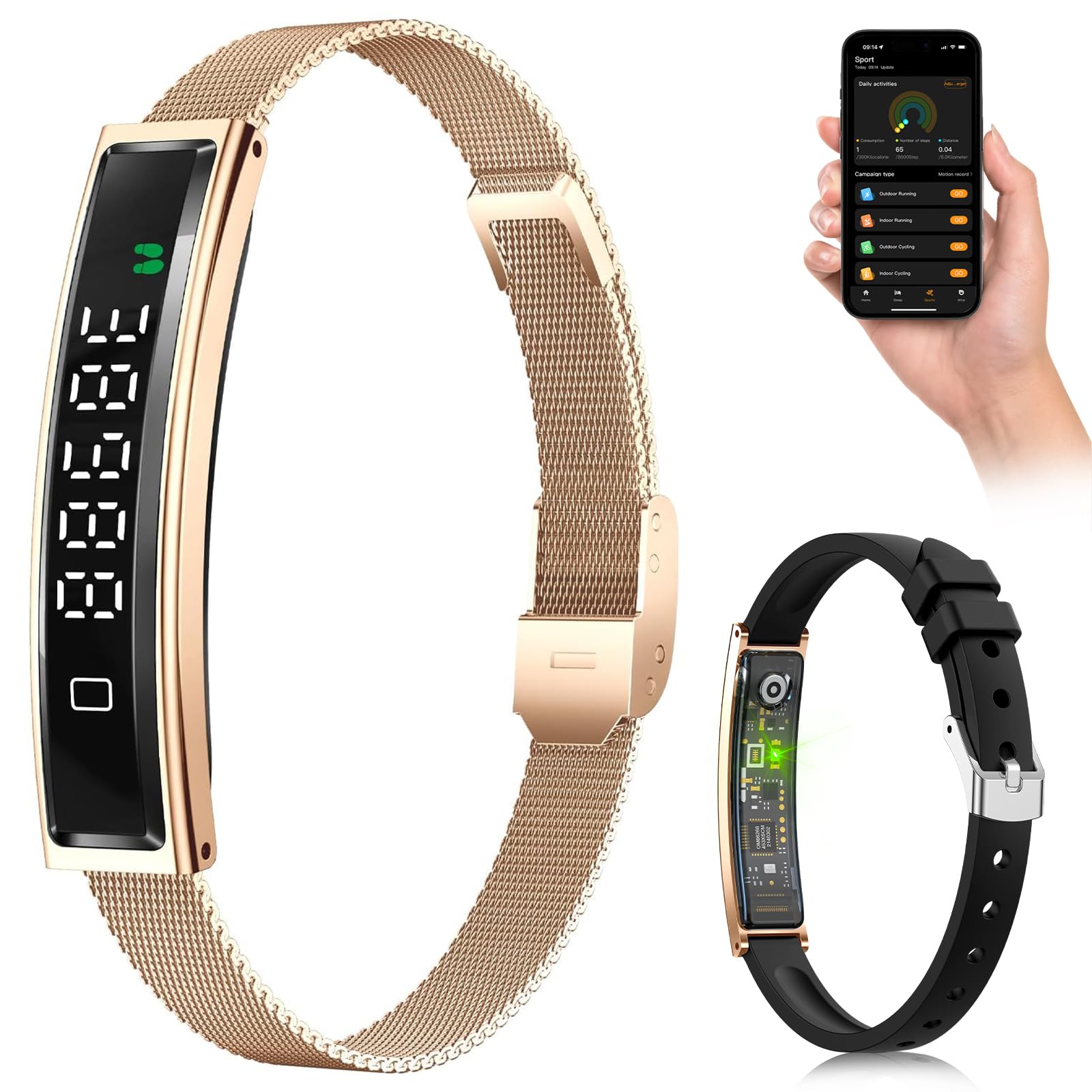Smart Bracelet, Fitness Trackers, 5ATM Waterproof with 24/7 Heart Rate/SpO2/Sleep Tracker, Bluetooth 5.3, APP, Multi-Sport Modes for iOS & Android (Gold)