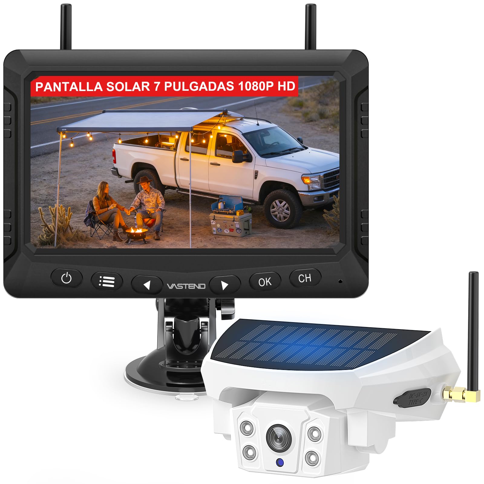 Caméra de Recul sans Fil Solaire avec Écran 7", Système de Recul Numérique HD 1080P, Batterie 10000mAh & Support Magnétique, Étanche IP69K pour Camping-Car, Camion, Remorque(VS-7F)